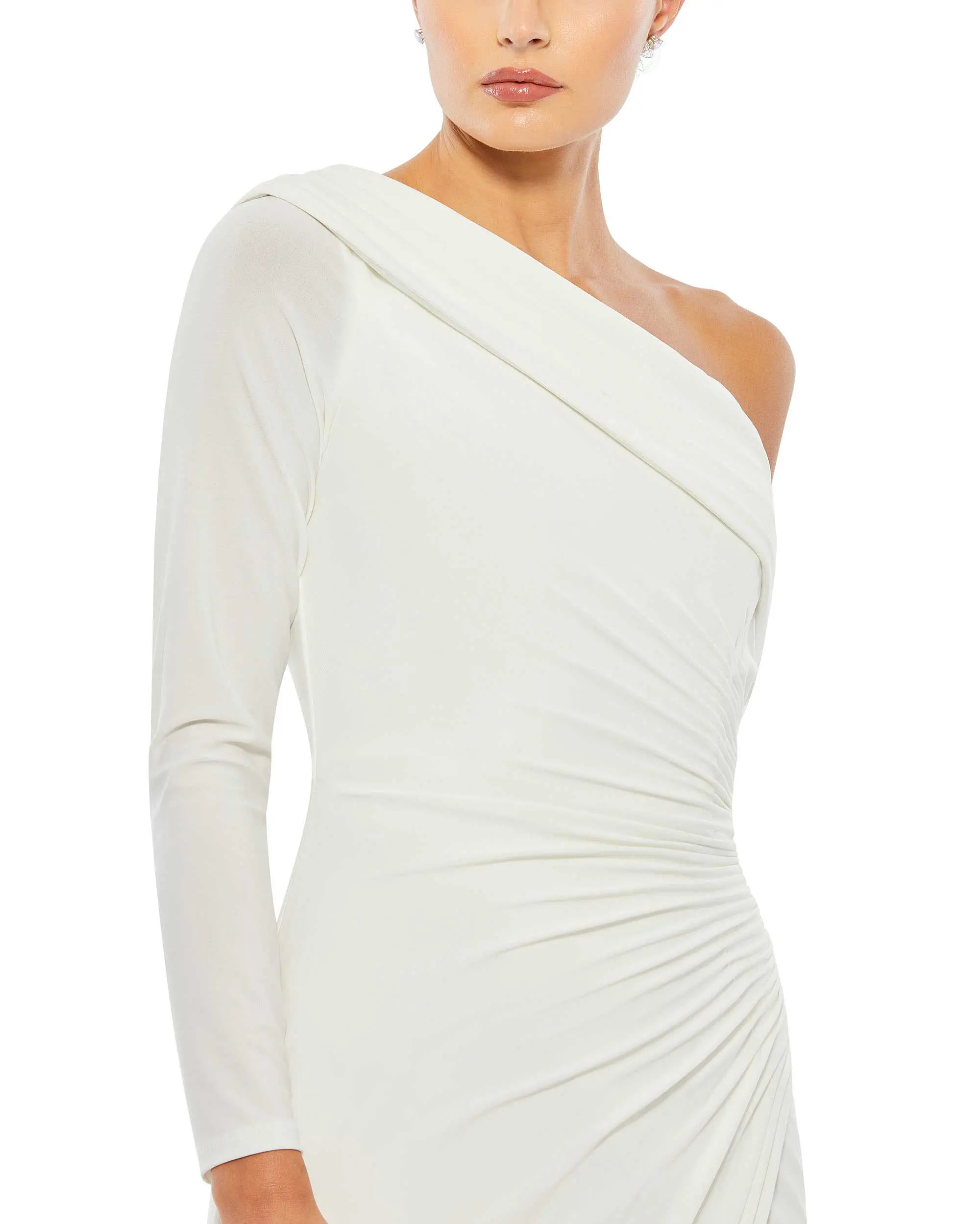 White Ruched Jersey Drop Shoulder Foldover Gown - Image 2
