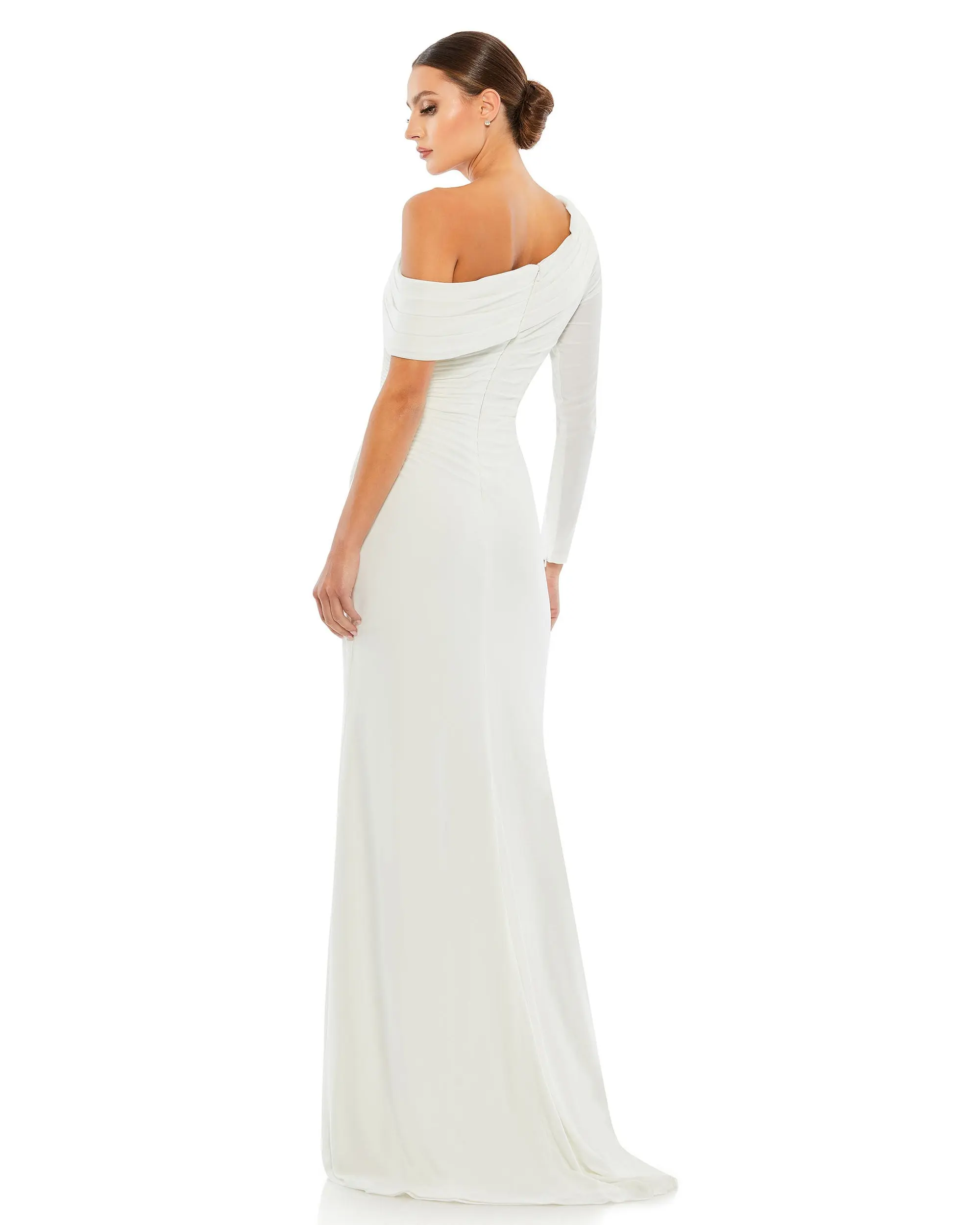 White Ruched Jersey Drop Shoulder Foldover Gown - Image 4