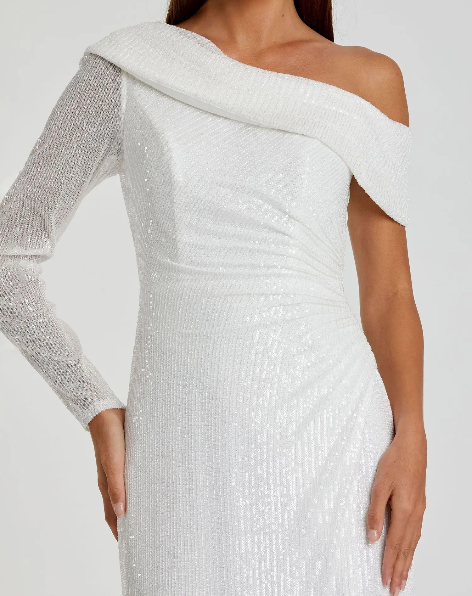 White Sequined Drop Shoulder Faux Wrap Gown - Image 2