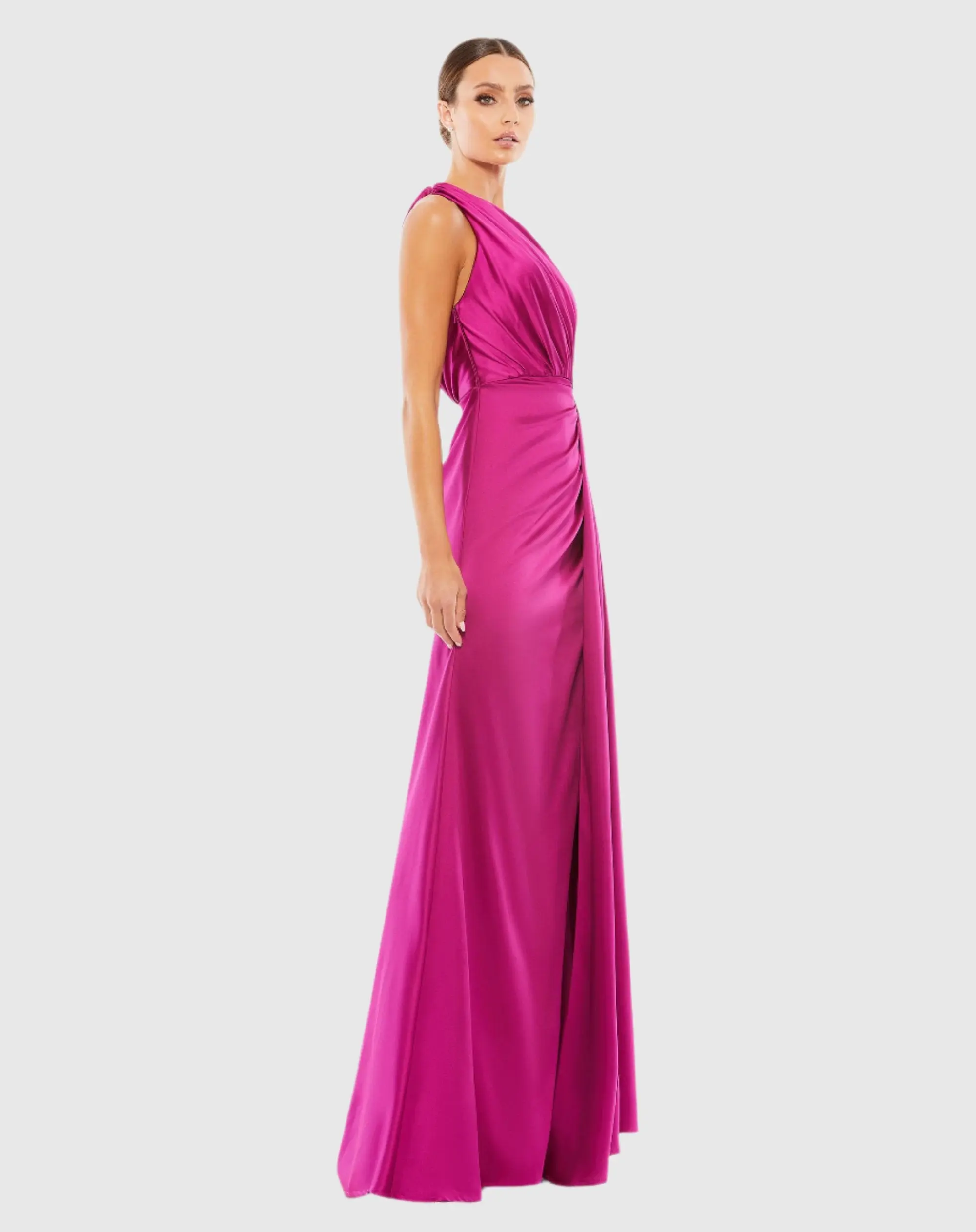 Purple Gathered One Shoulder Satin Faux Wrap Gown - Image 3