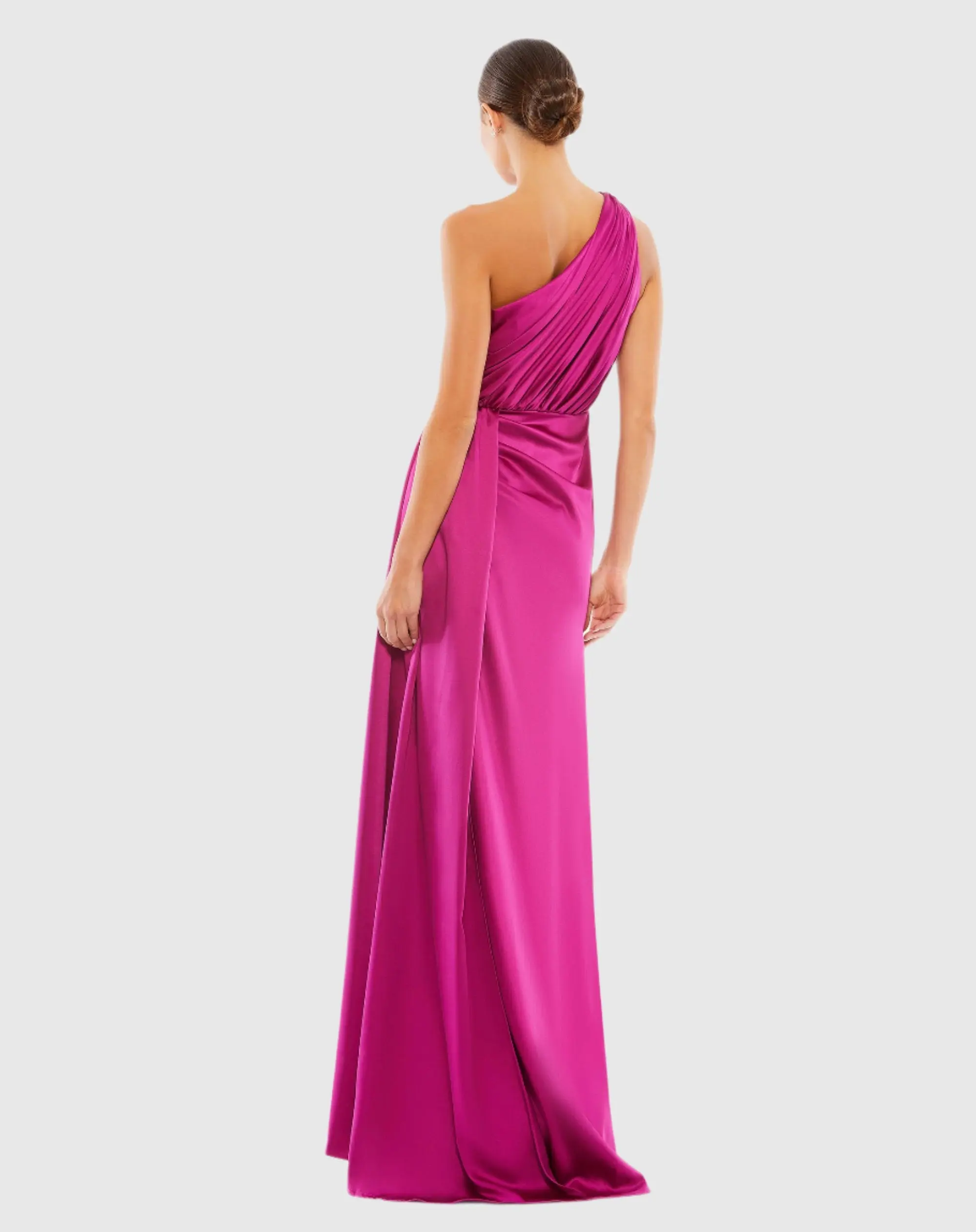 Purple Gathered One Shoulder Satin Faux Wrap Gown - Image 4
