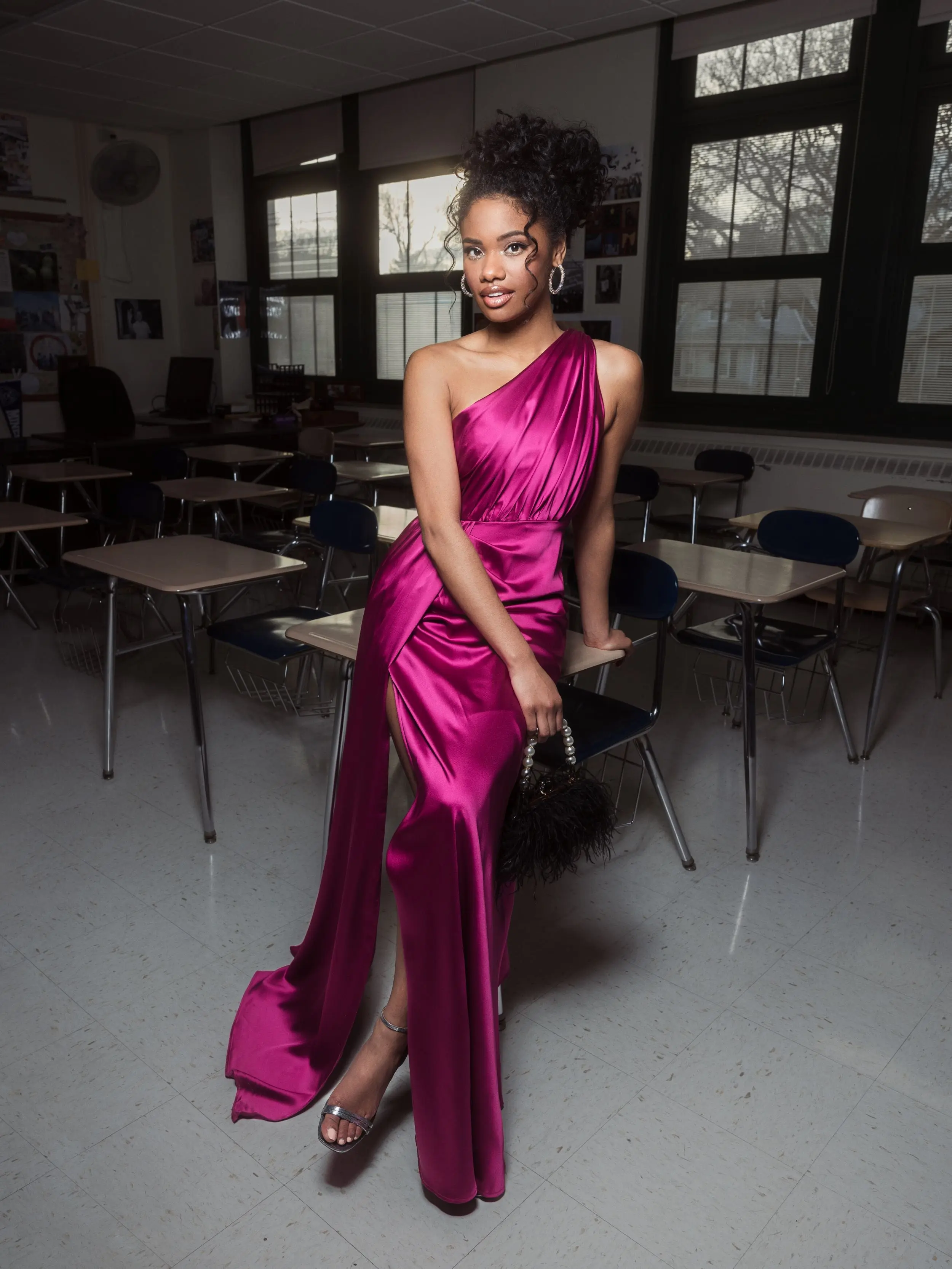 Purple Gathered One Shoulder Satin Faux Wrap Gown - Image 5