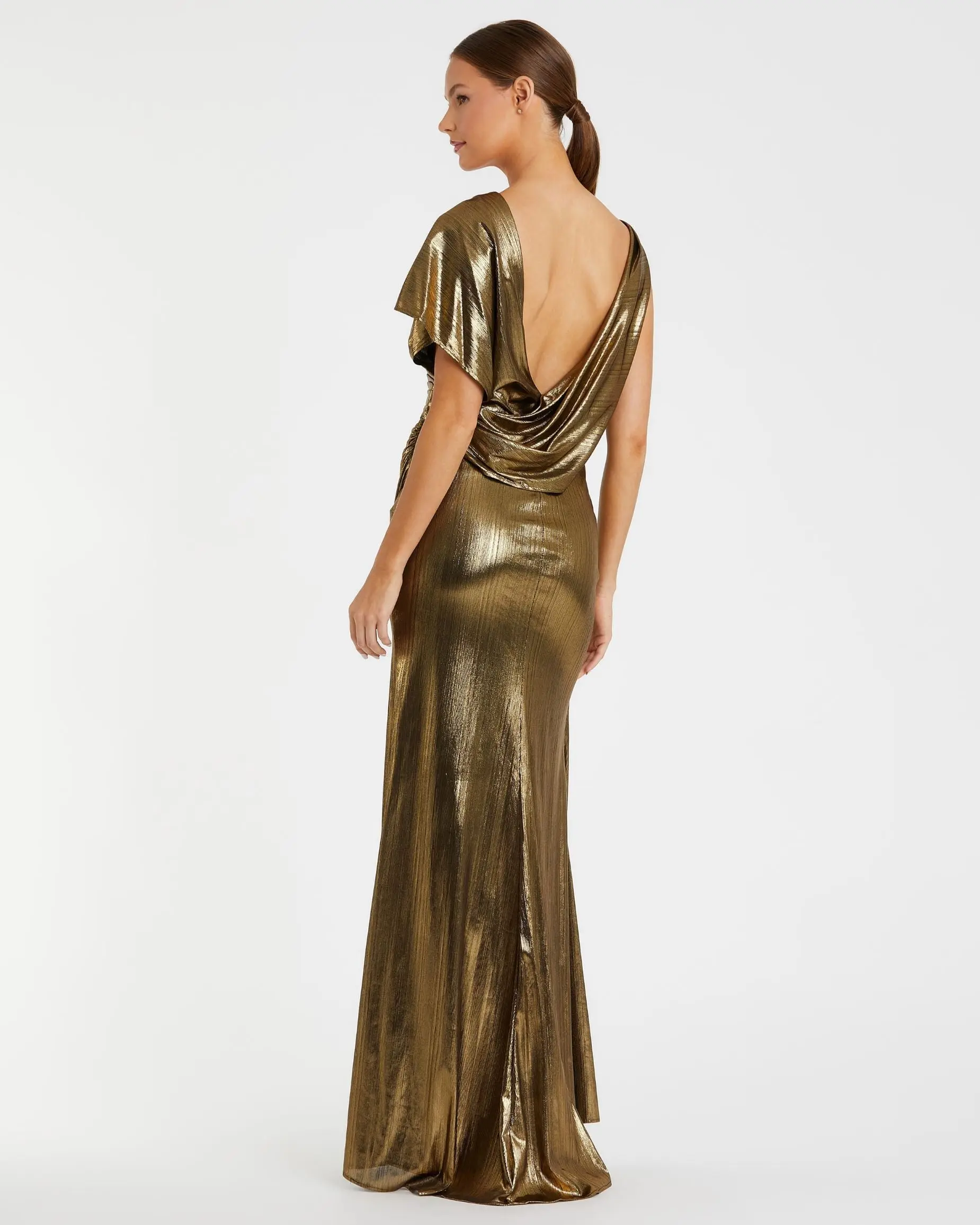 Gold Asymmetrical Draped Metallic Trumpet Gown - Image 3