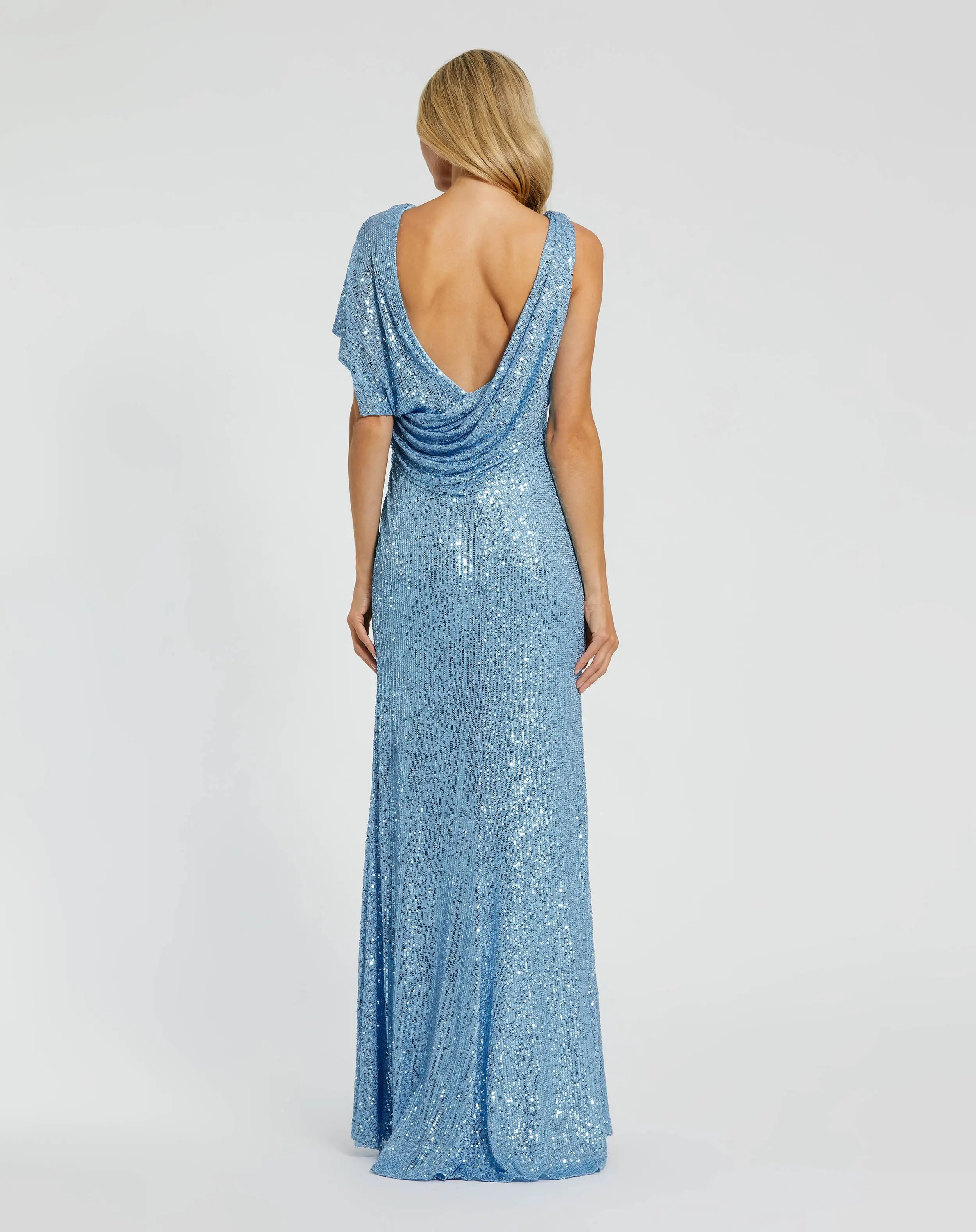 Blue Sequined Asymmetrical Draped Trumpet Gown - Image 3