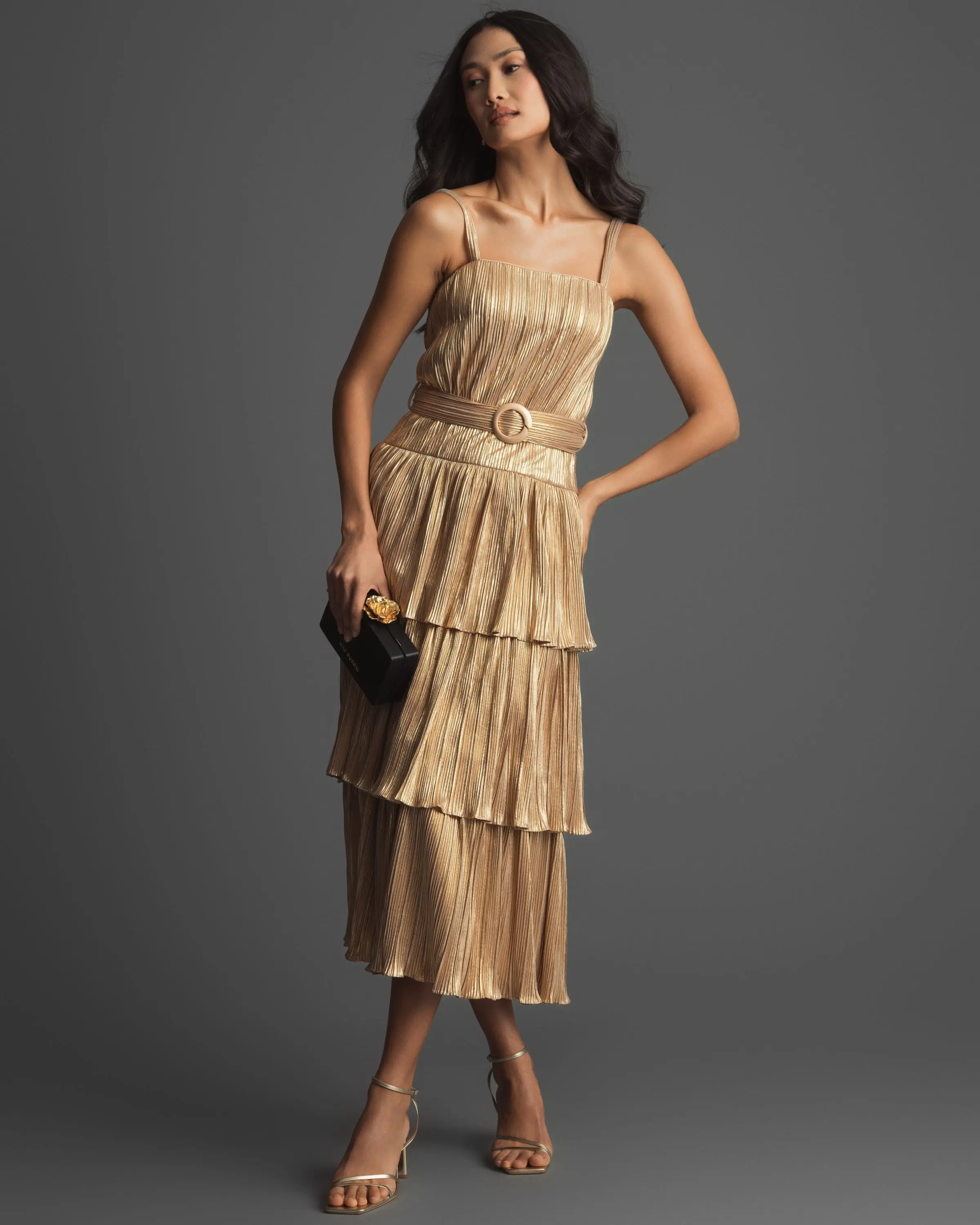 Gold Ruffle Tiered Buckle Detail Dress - FINAL SALE - Image 4