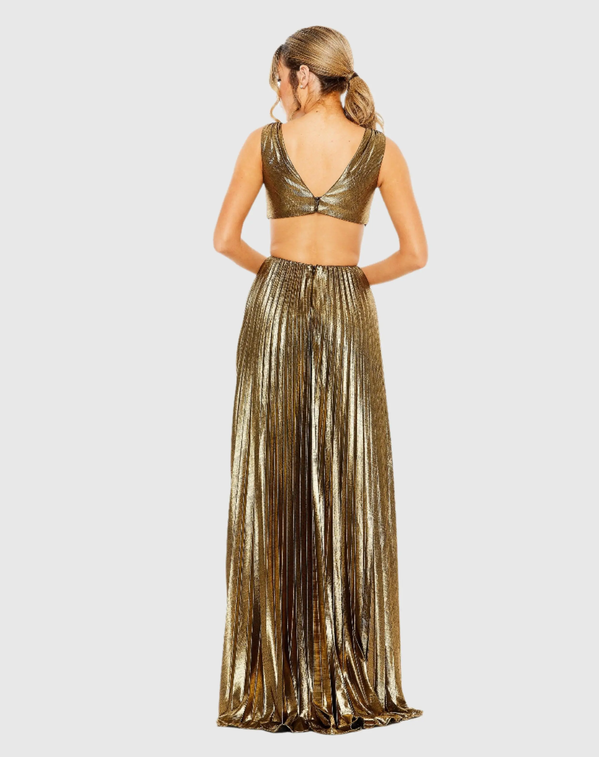 Gold Pleated Metallic Cutout Gown - Image 3