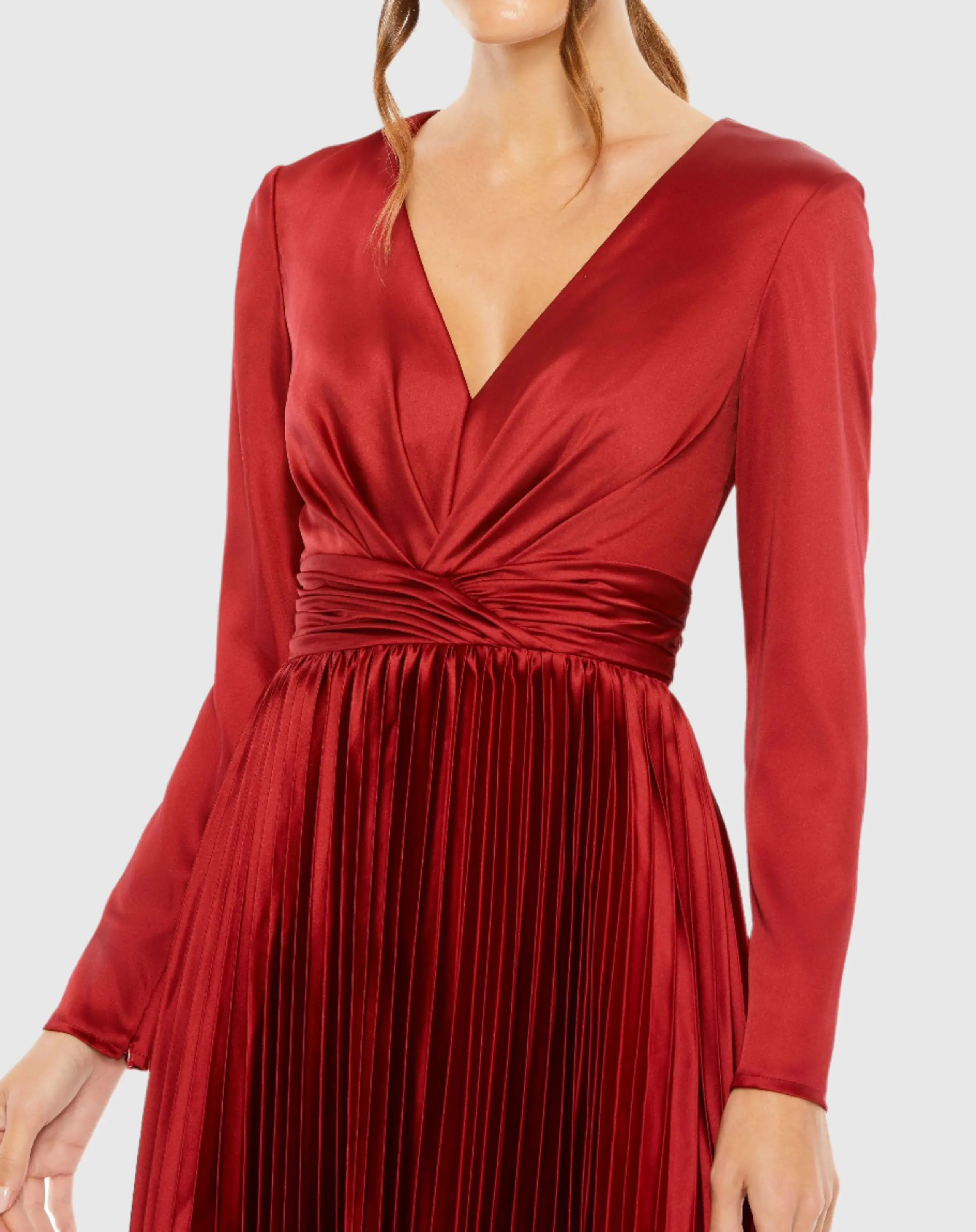 Deep Red Pleated Long Sleeve V-Neck Dress - Image 2