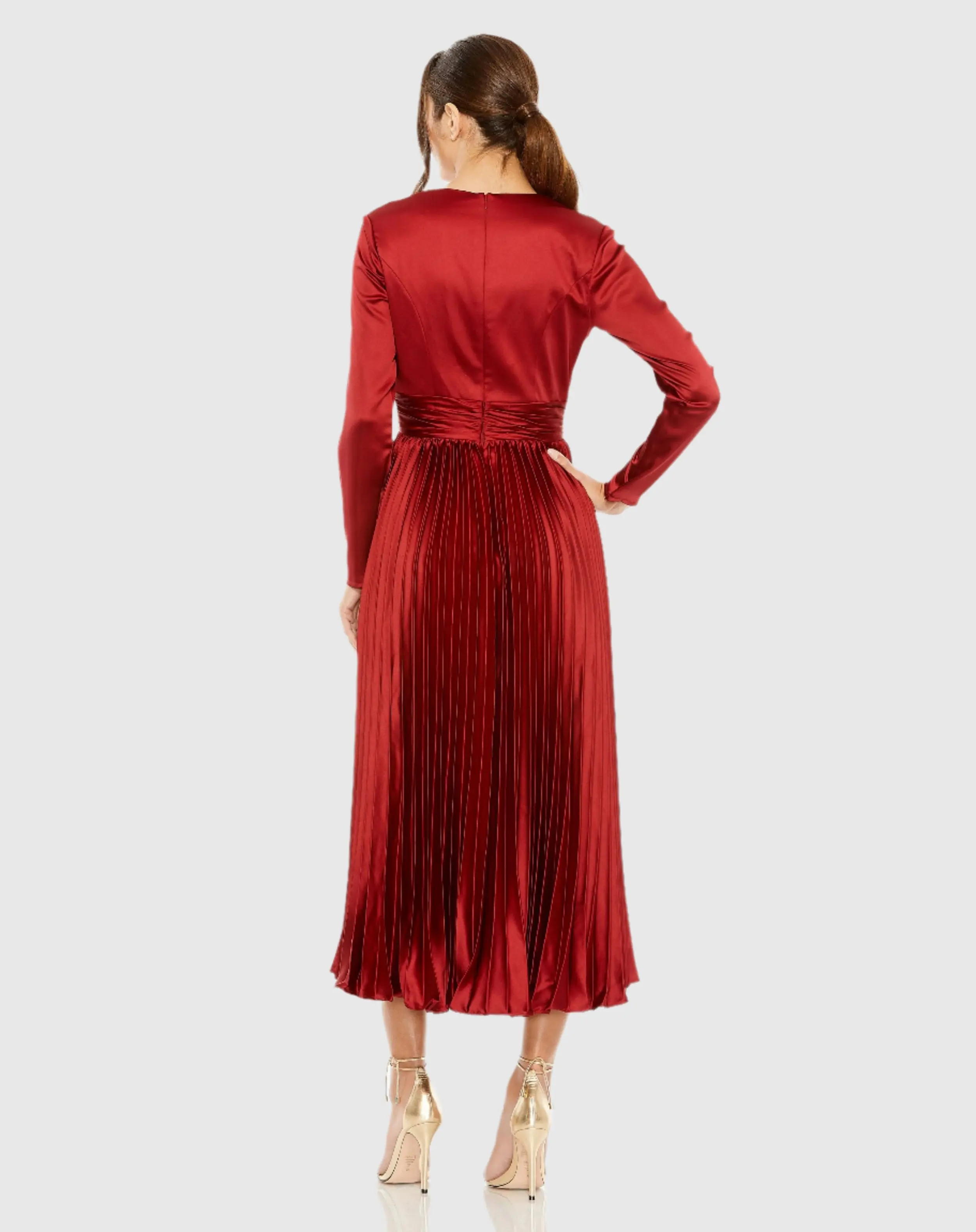 Deep Red Pleated Long Sleeve V-Neck Dress - Image 3