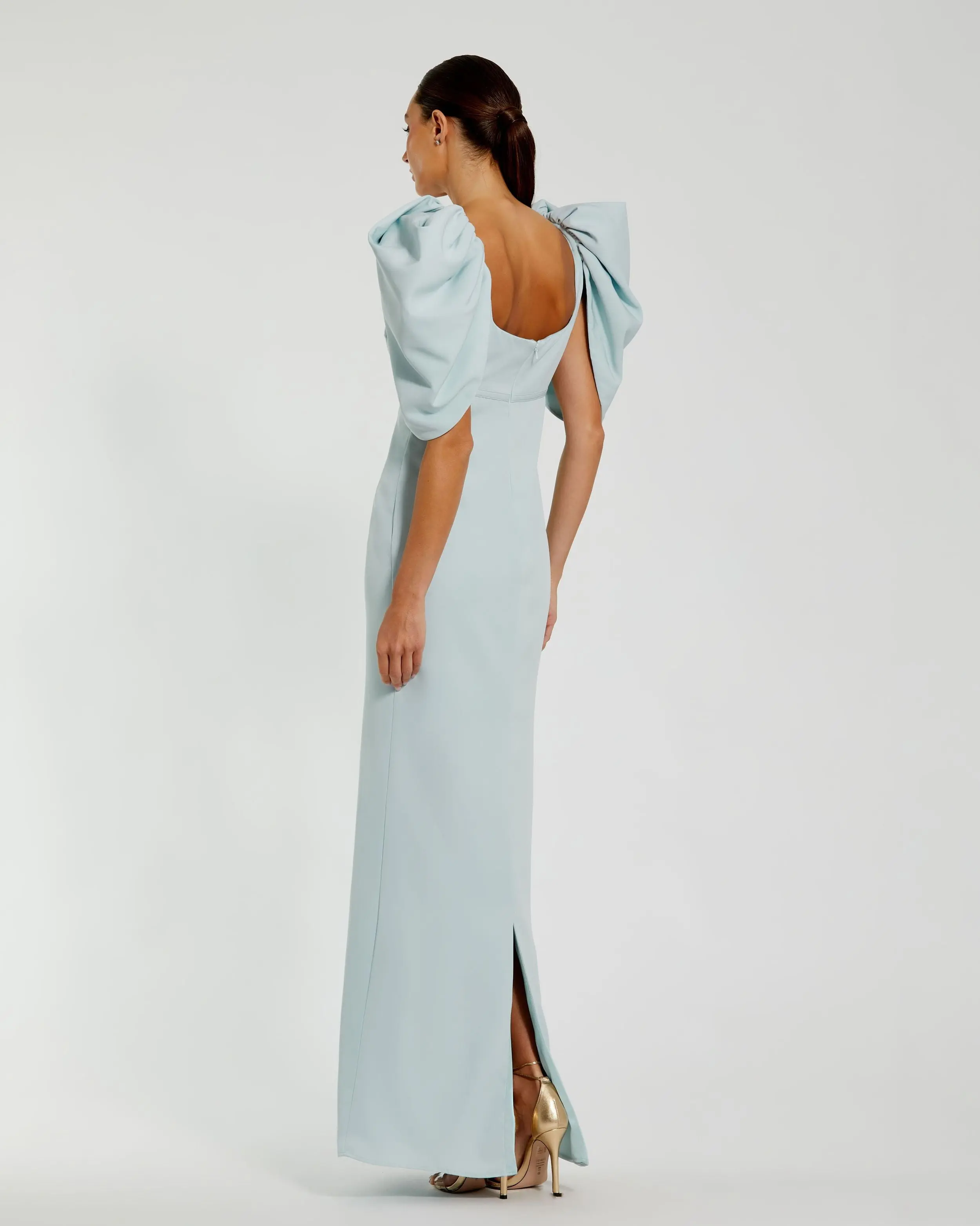 Blue Fitted Crepe Square Neck Gown With Puff Sleeves - Image 3