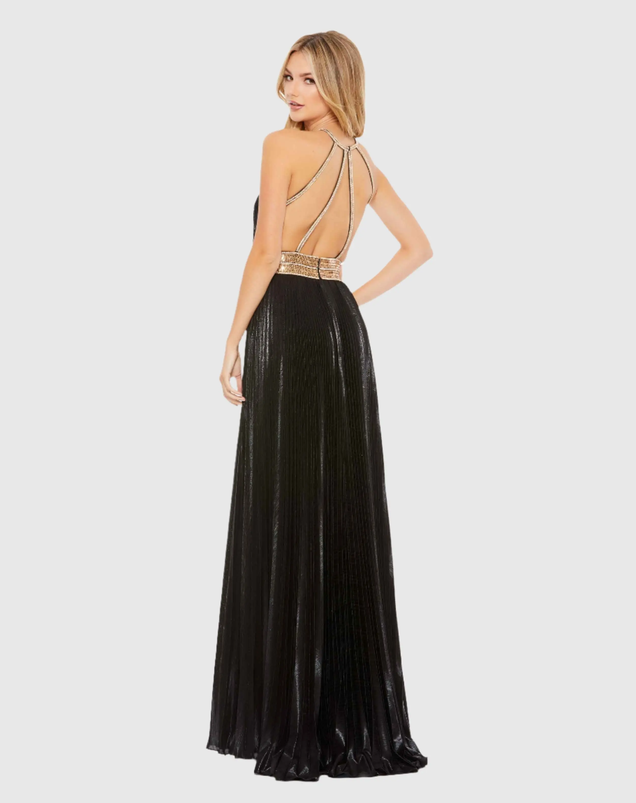 Black Pleated Embellished Halter Open Back Gown - Image 2