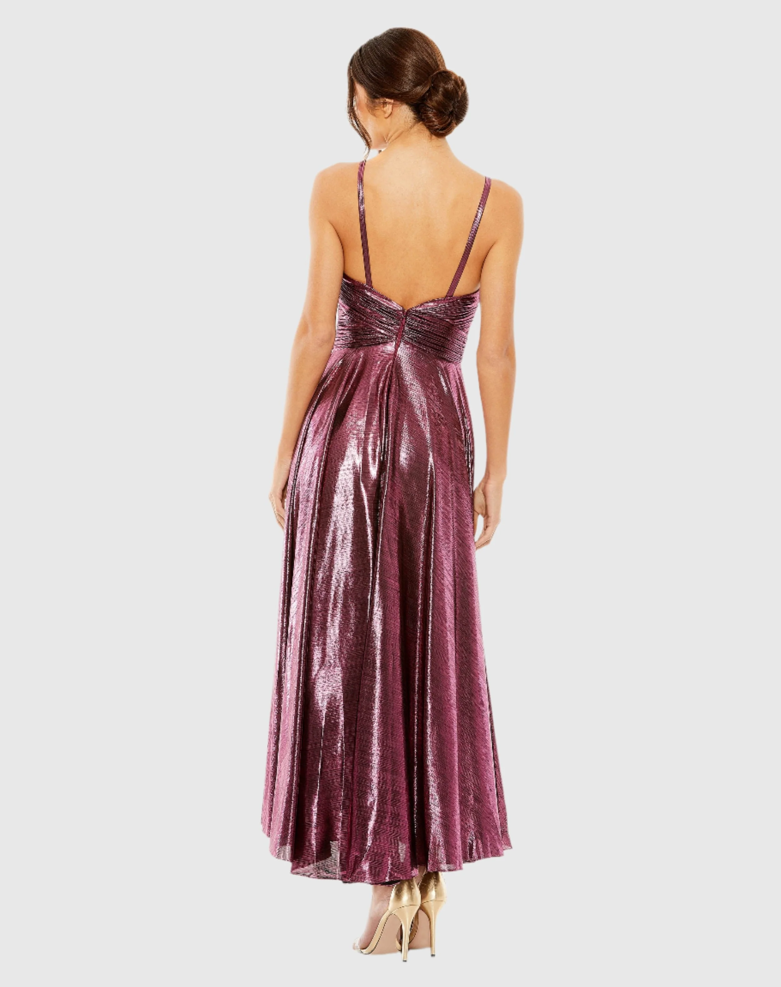 Pink Sleeveless V Neck Pleated Top Metallic Dress - Image 3