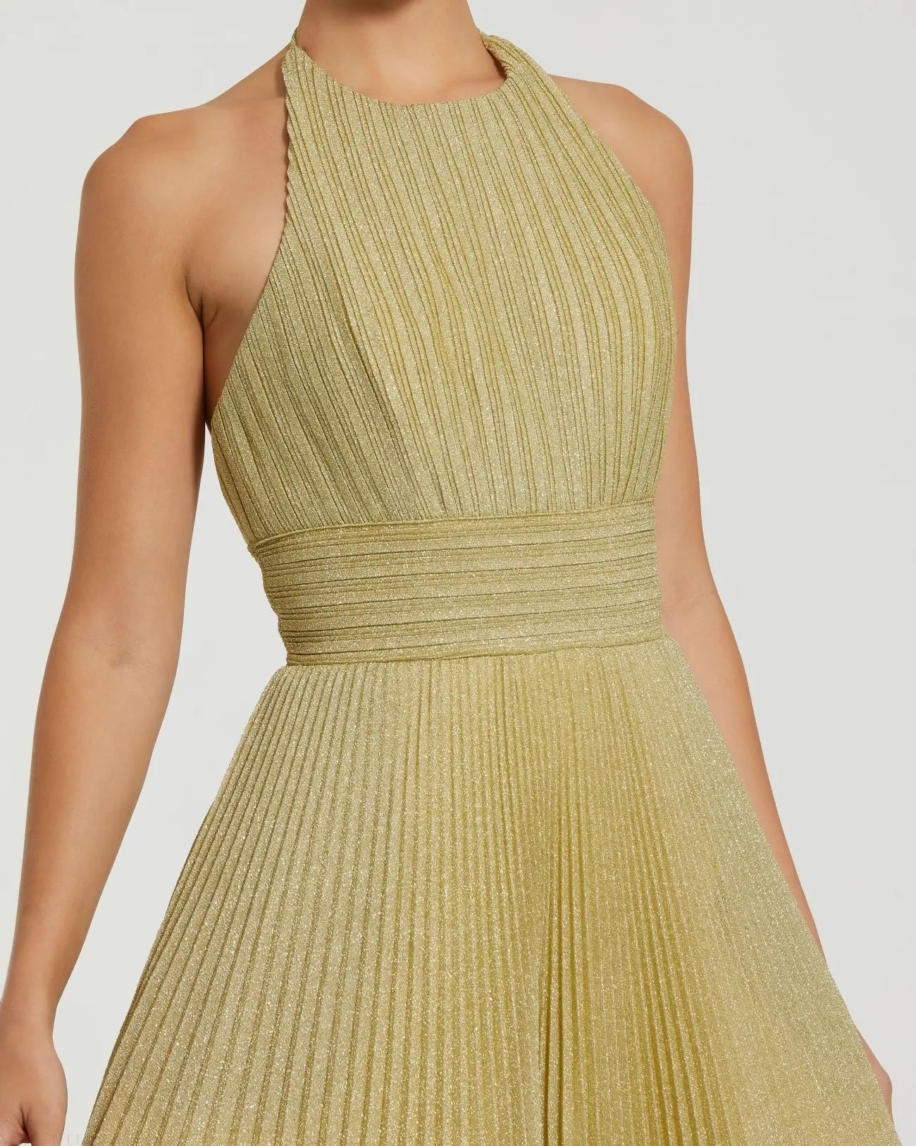 Gold Shimmering Pleated High Neck Ball Gown - Image 2