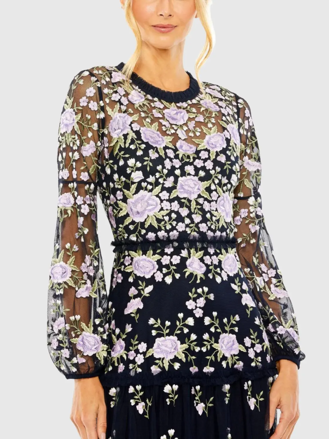Navy Embroidered Puff Sleeve Tiered Dress - Image 2