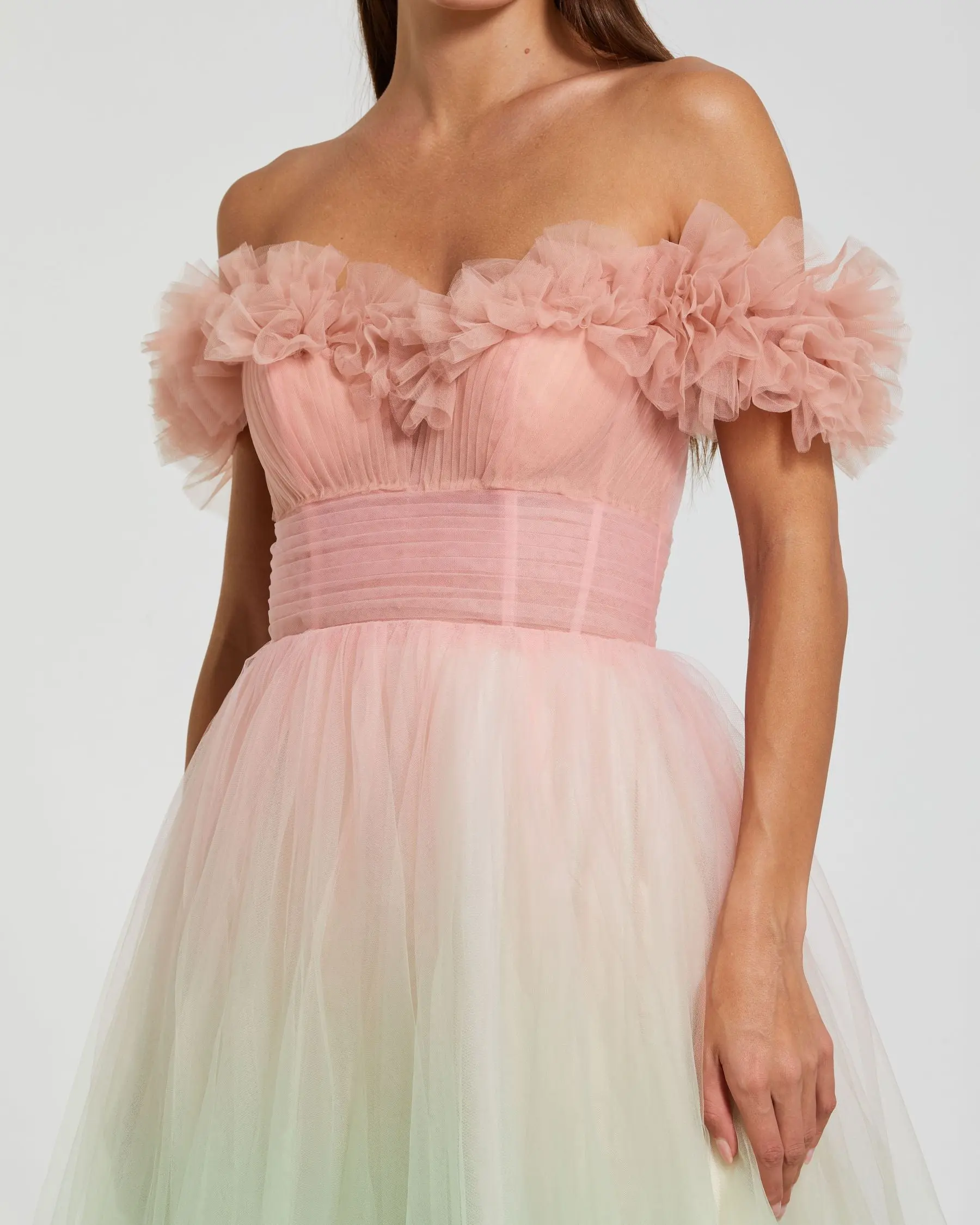Multicolor Off The Shoulder Ombre Tulle Ballgown - Image 2