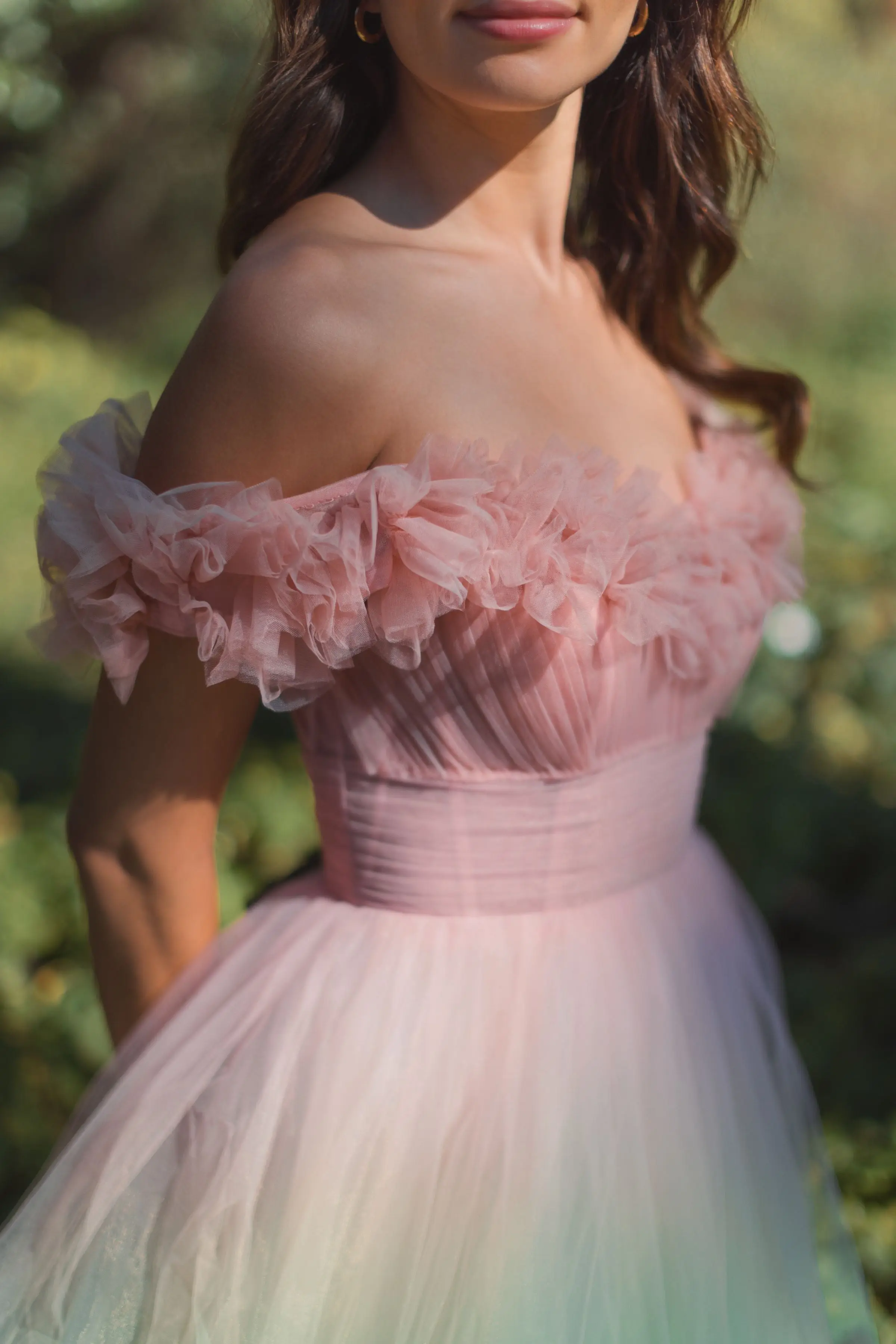Multicolor Off The Shoulder Ombre Tulle Ballgown - Image 5