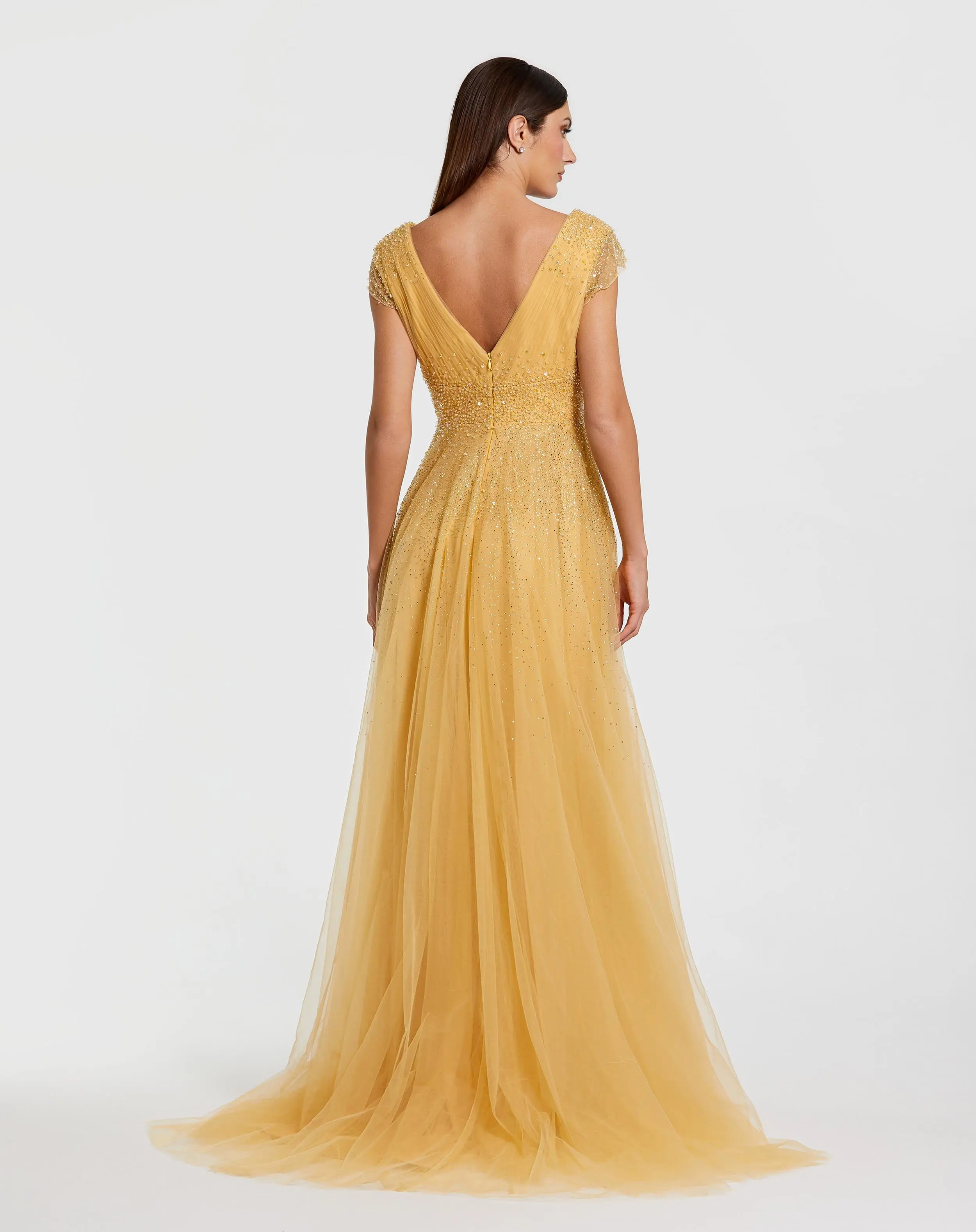 Yellow Embellished Cap Sleeve V Neck Tulle Gown - Image 3