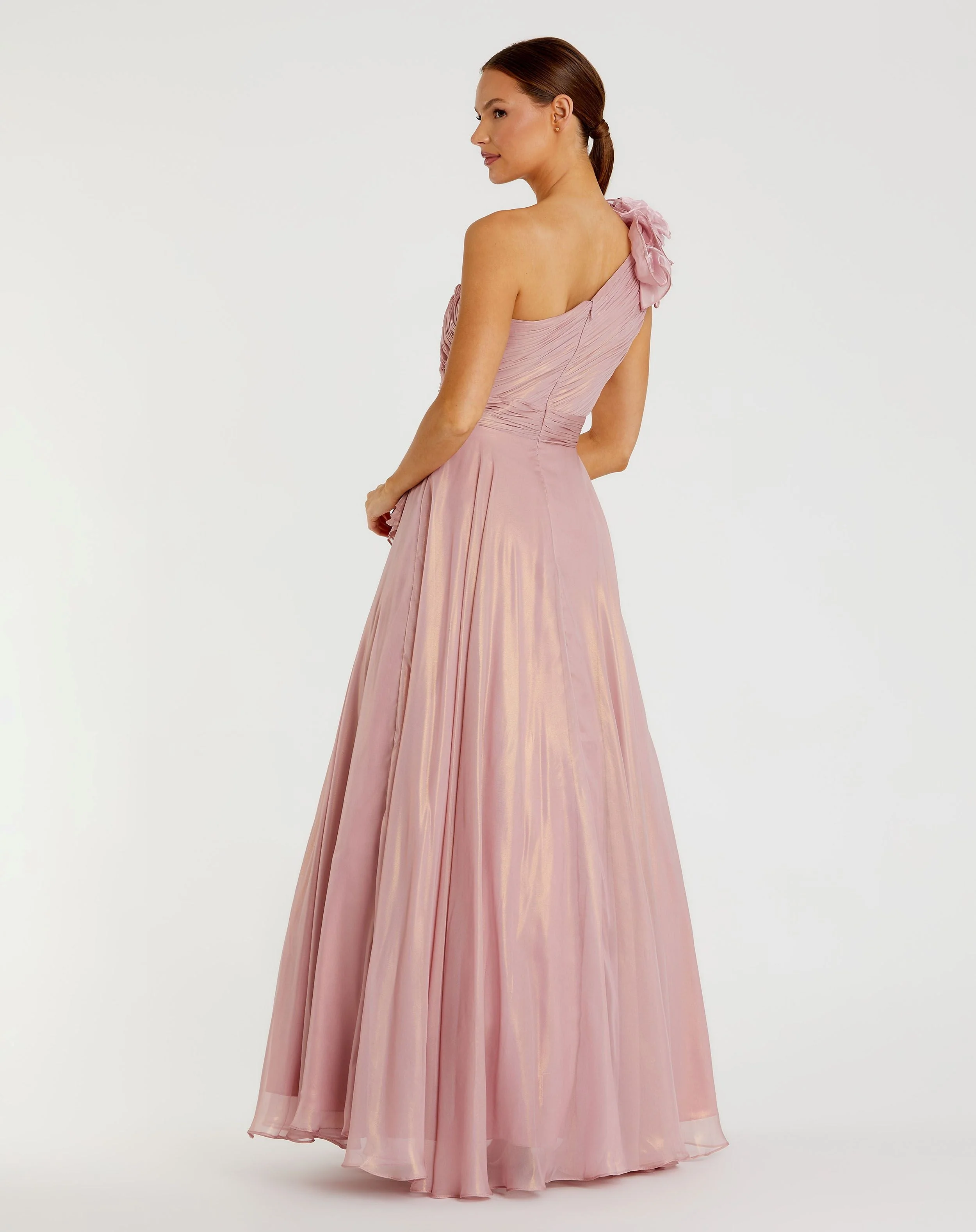 Pink Iridescent One Shoulder Rosette Ball Gown - Image 3