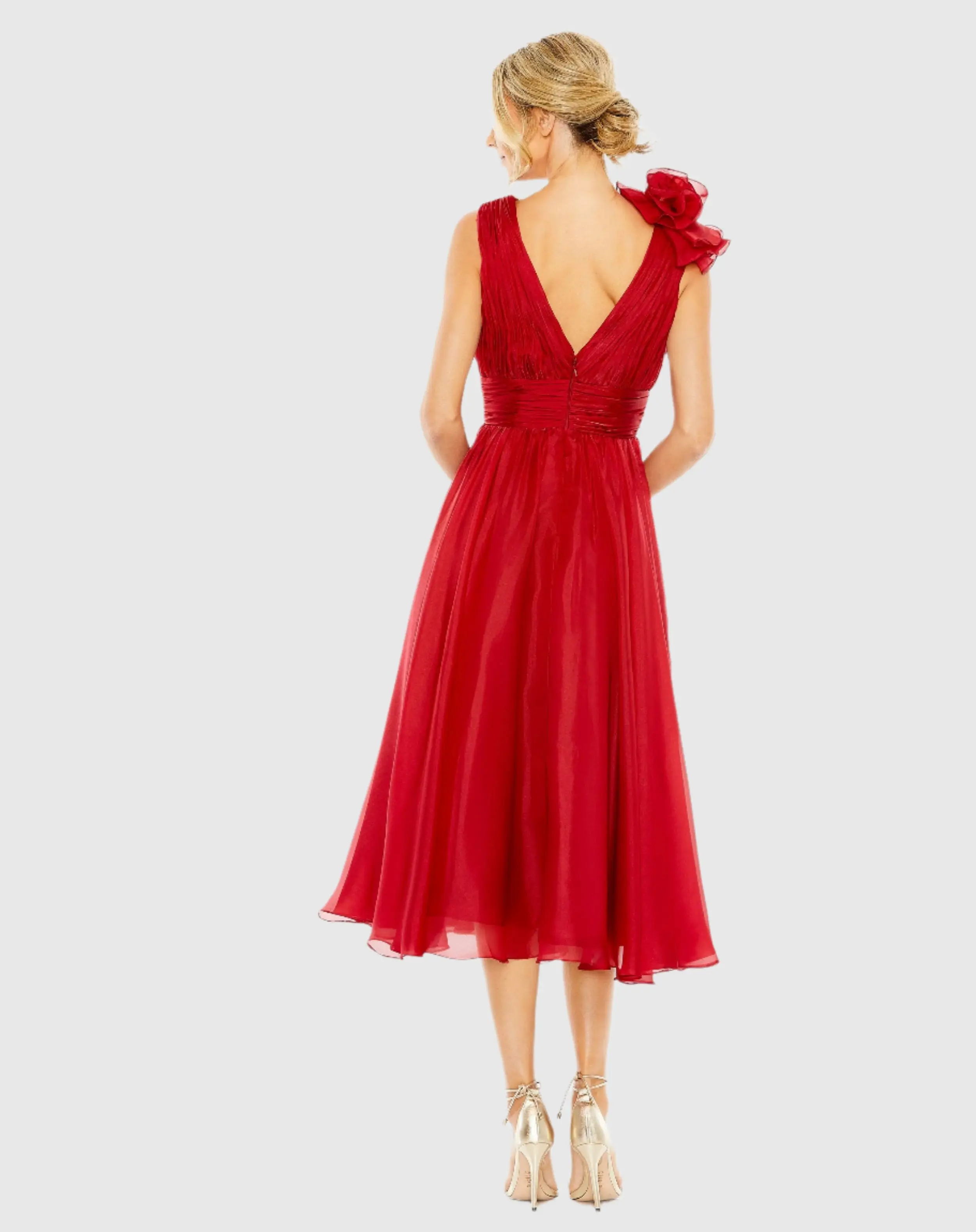 Red Sleeveless Chiffon A-Line Tea Length Cocktail Dress - Image 3