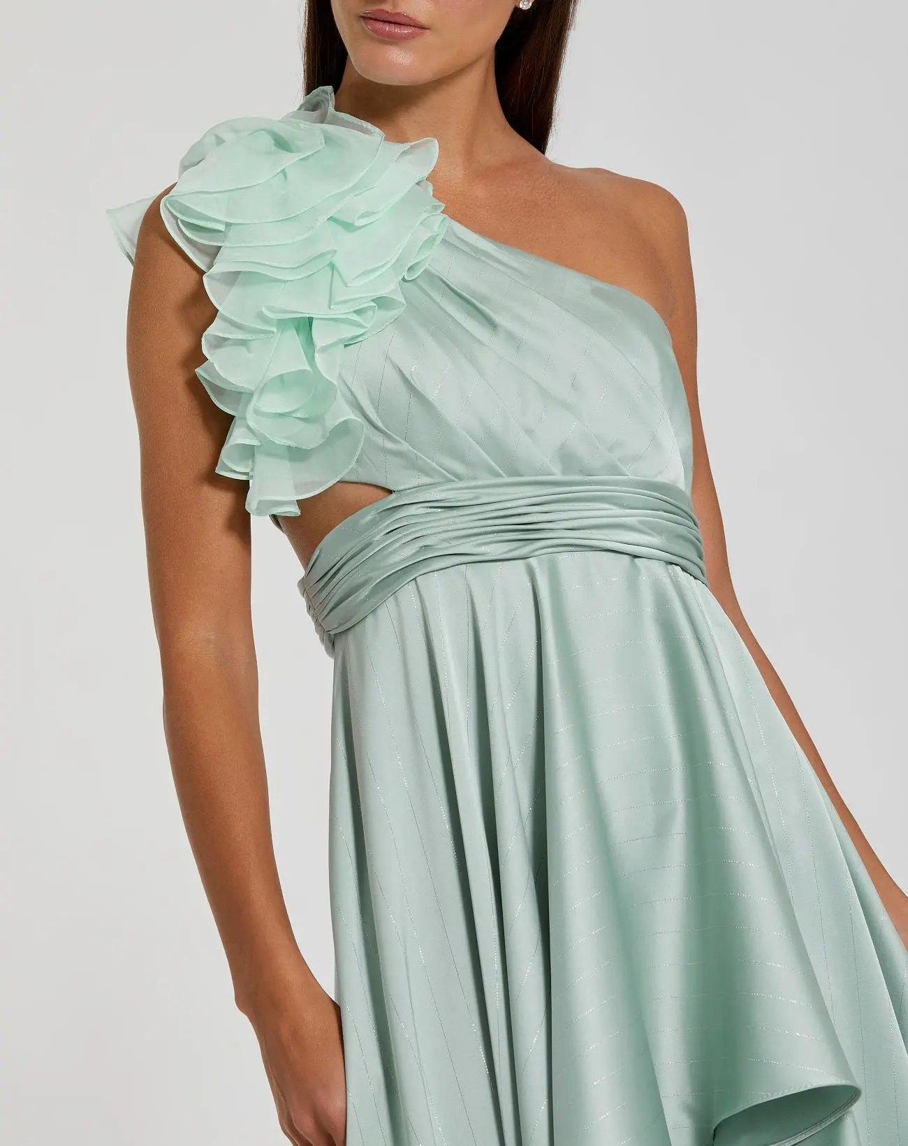 Green Ruffled One Shoulder Cut Out Hi-Low Gown - Image 2