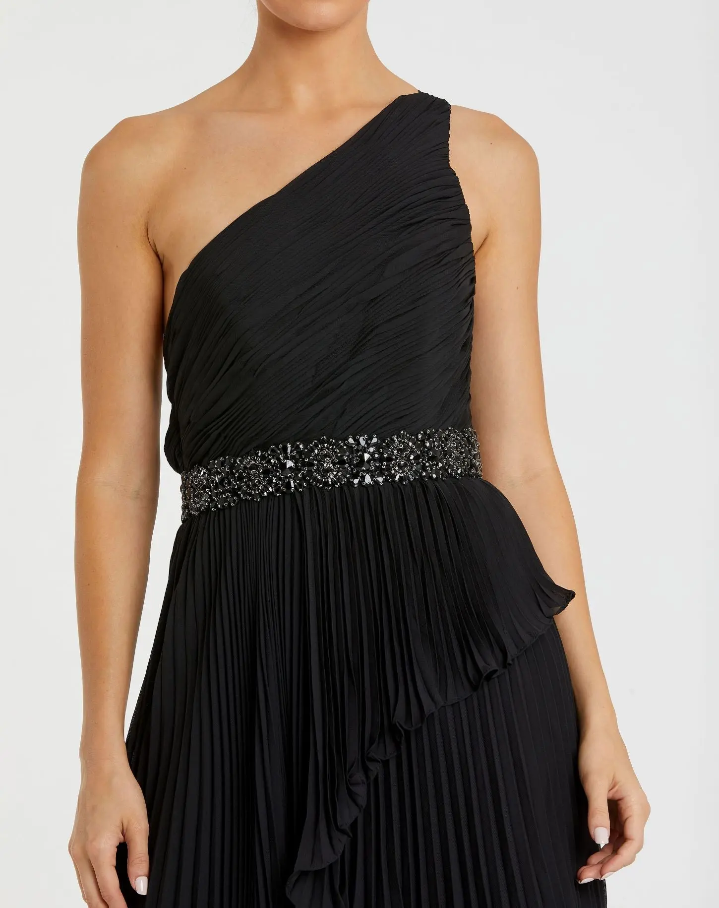 Black Pleated One Shoulder Asymmetrical Ruffle Hem Gown - FINAL SALE - Image 2