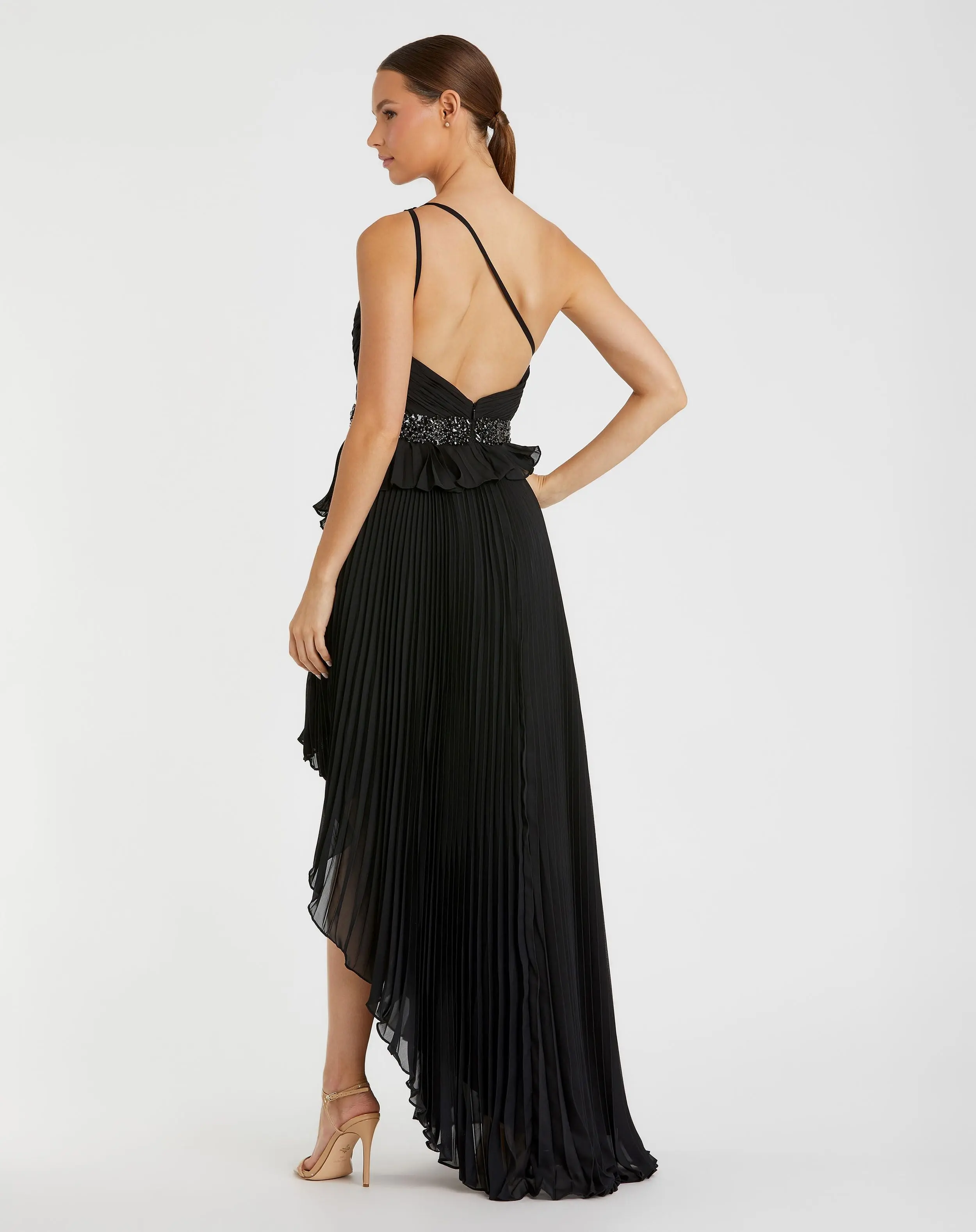 Black Pleated One Shoulder Asymmetrical Ruffle Hem Gown - FINAL SALE - Image 3