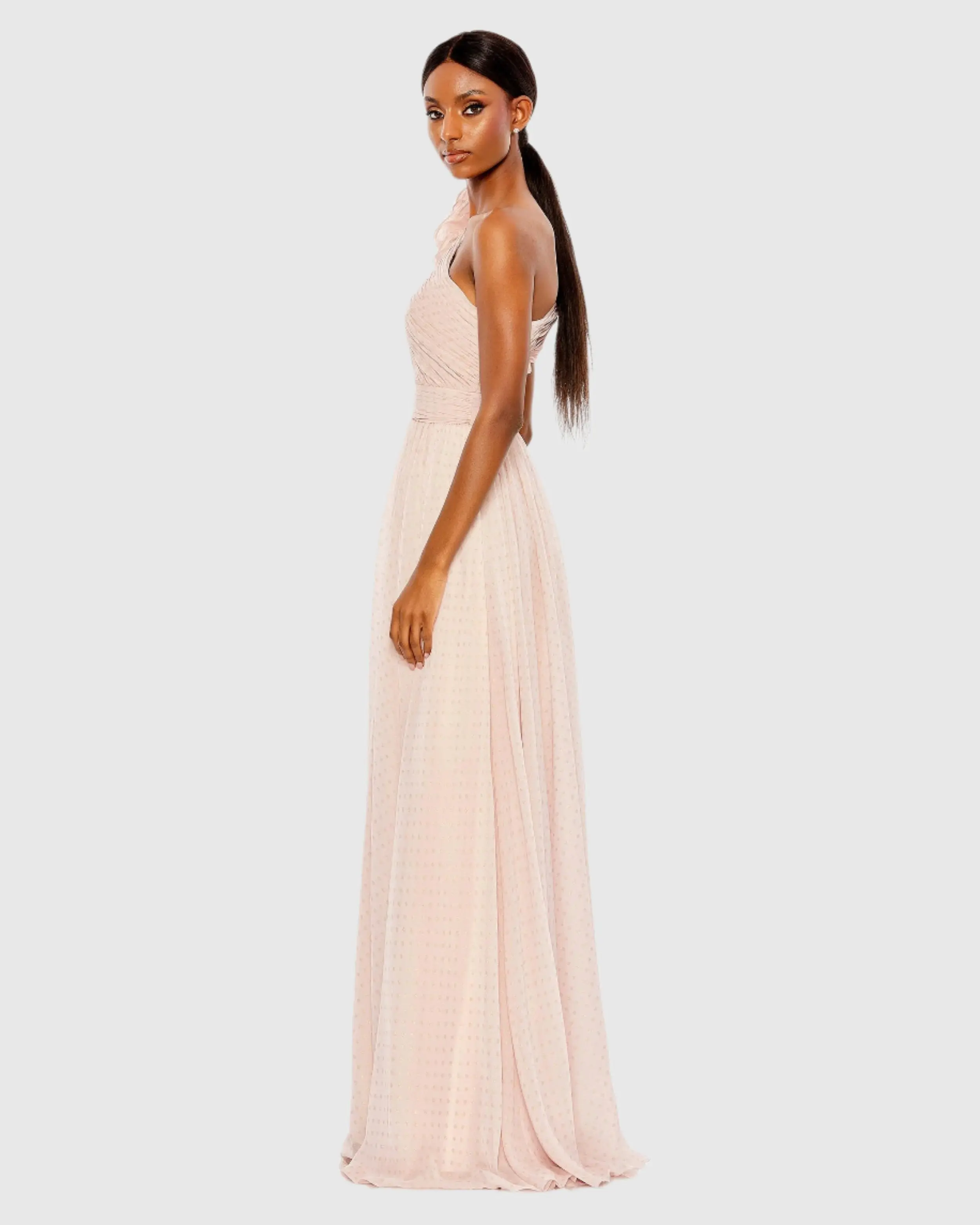 Pink One Shoulder Polka Dot Chiffon Gown With Ruffle Detail - Image 3