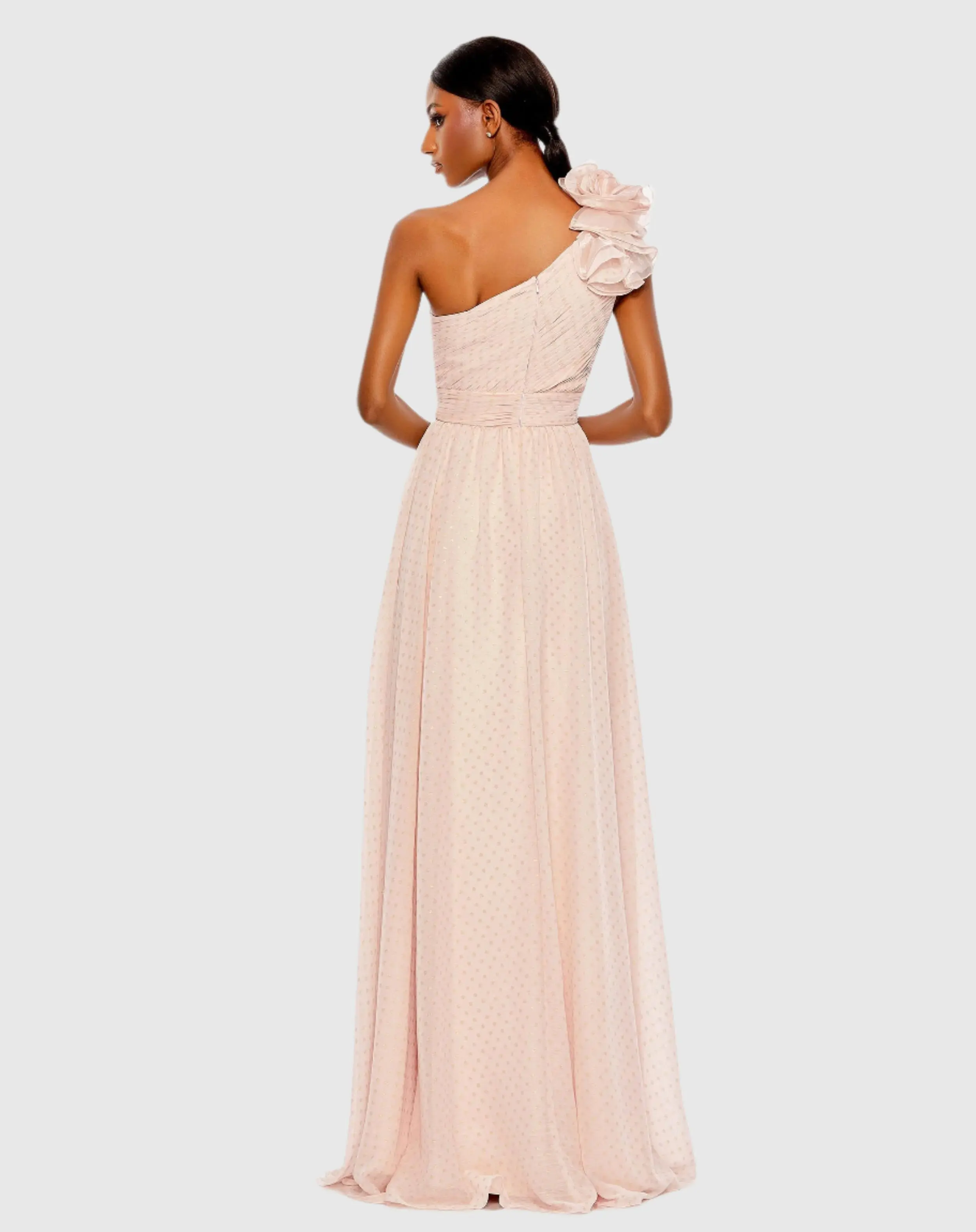Pink One Shoulder Polka Dot Chiffon Gown With Ruffle Detail - Image 4