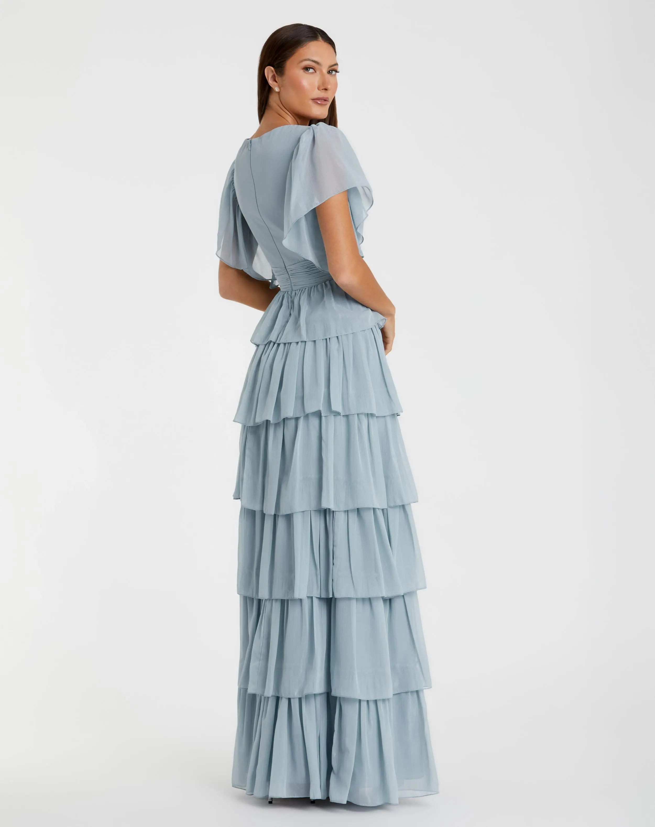 Blue Flutter Sleeve Ruffle Tiered Gown - Image 3