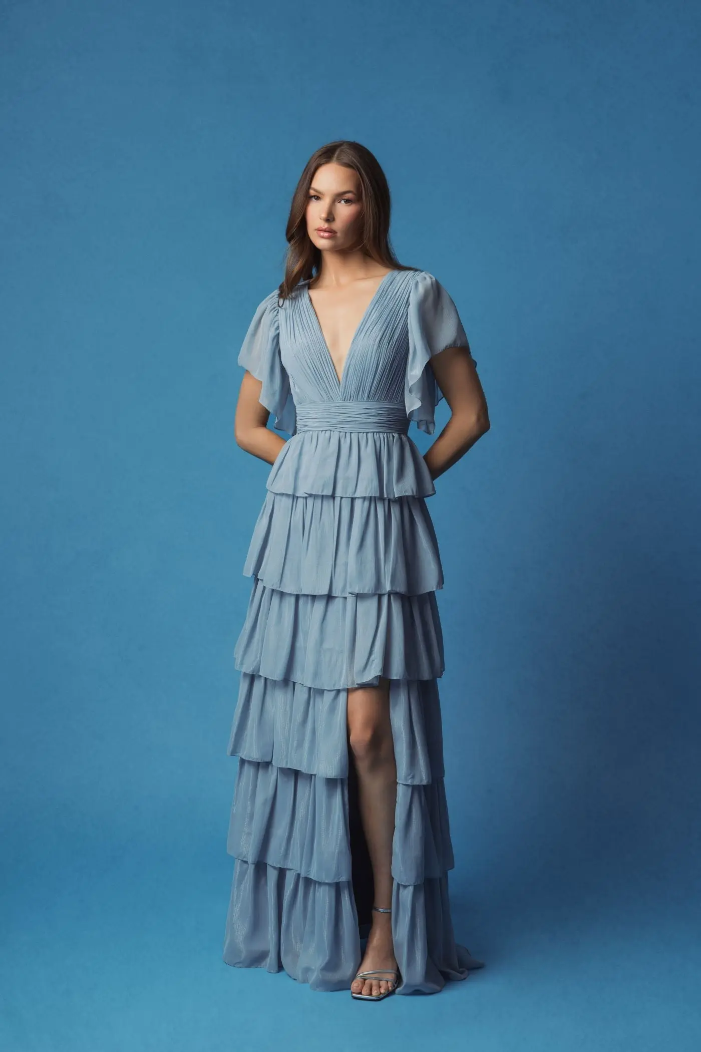 Blue Flutter Sleeve Ruffle Tiered Gown - Image 4