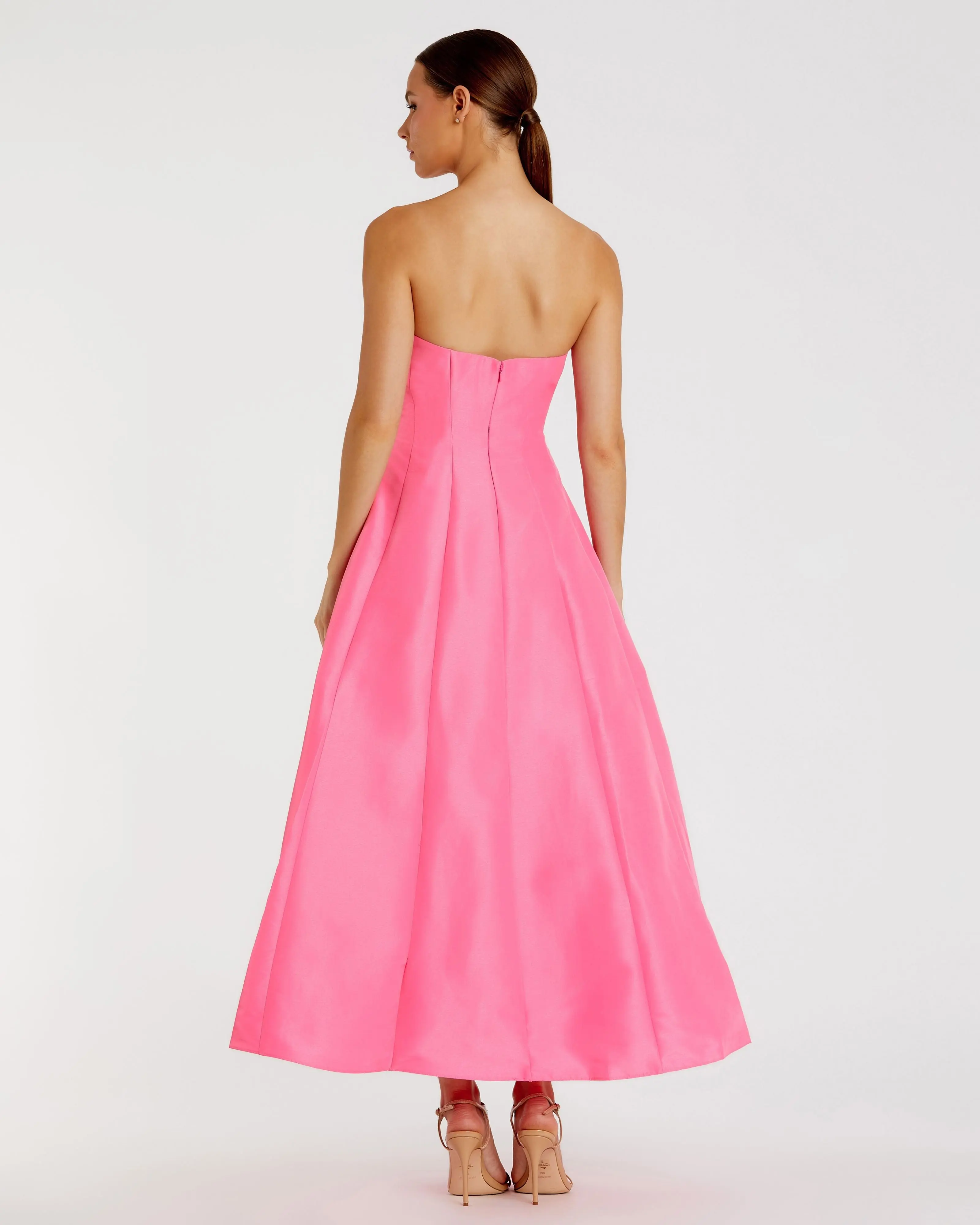 Pink Strapless A-Line Tea Length Statement Bow Dress - Image 3