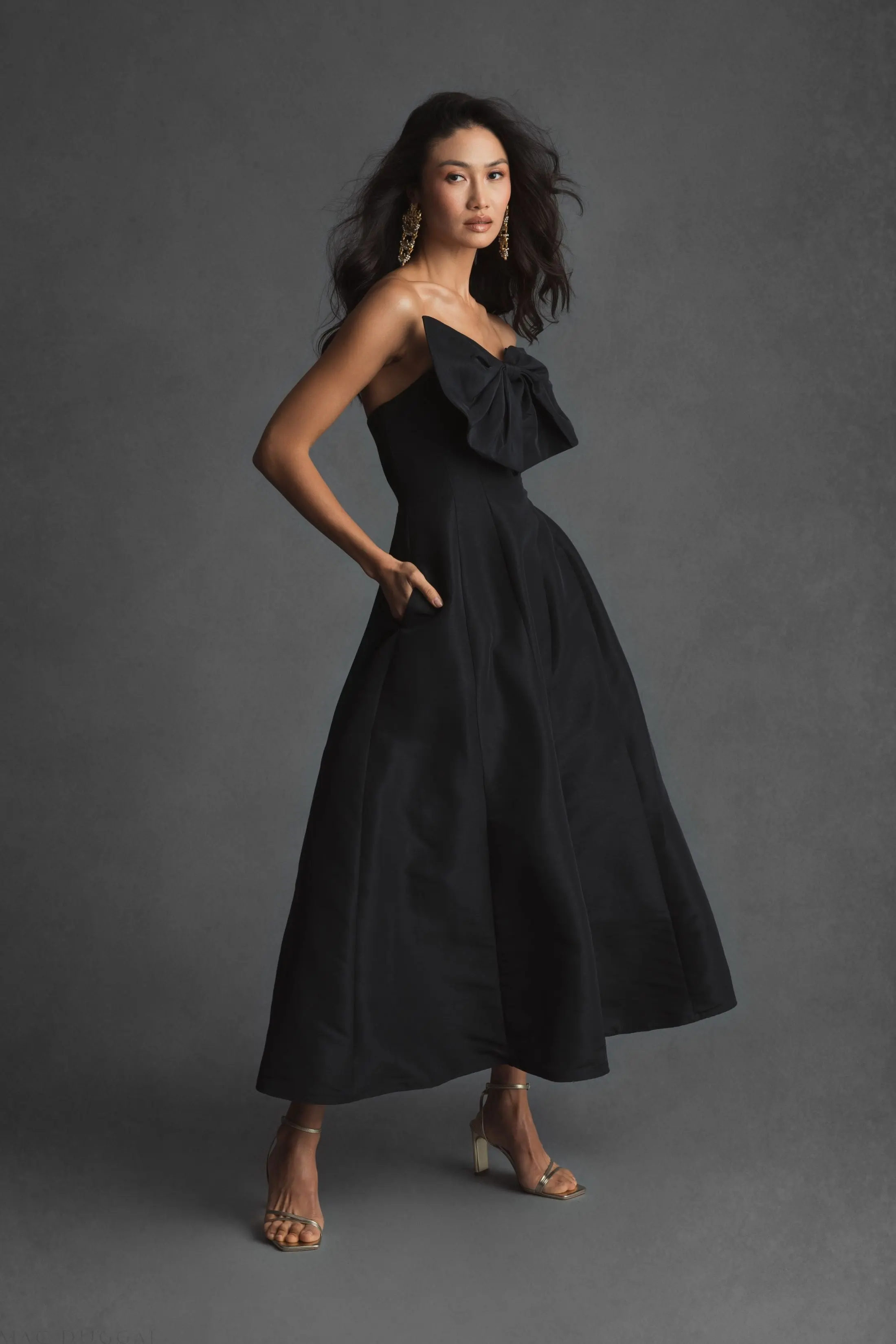 Black Strapless A-Line Tea Length Statement Bow Dress - Image 4