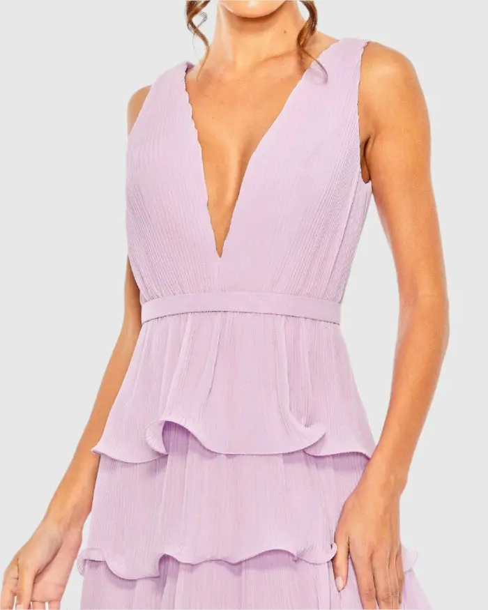 Purple Plunge Neck Sleeveless Chiffon Ruffle Midi Dress - Image 2