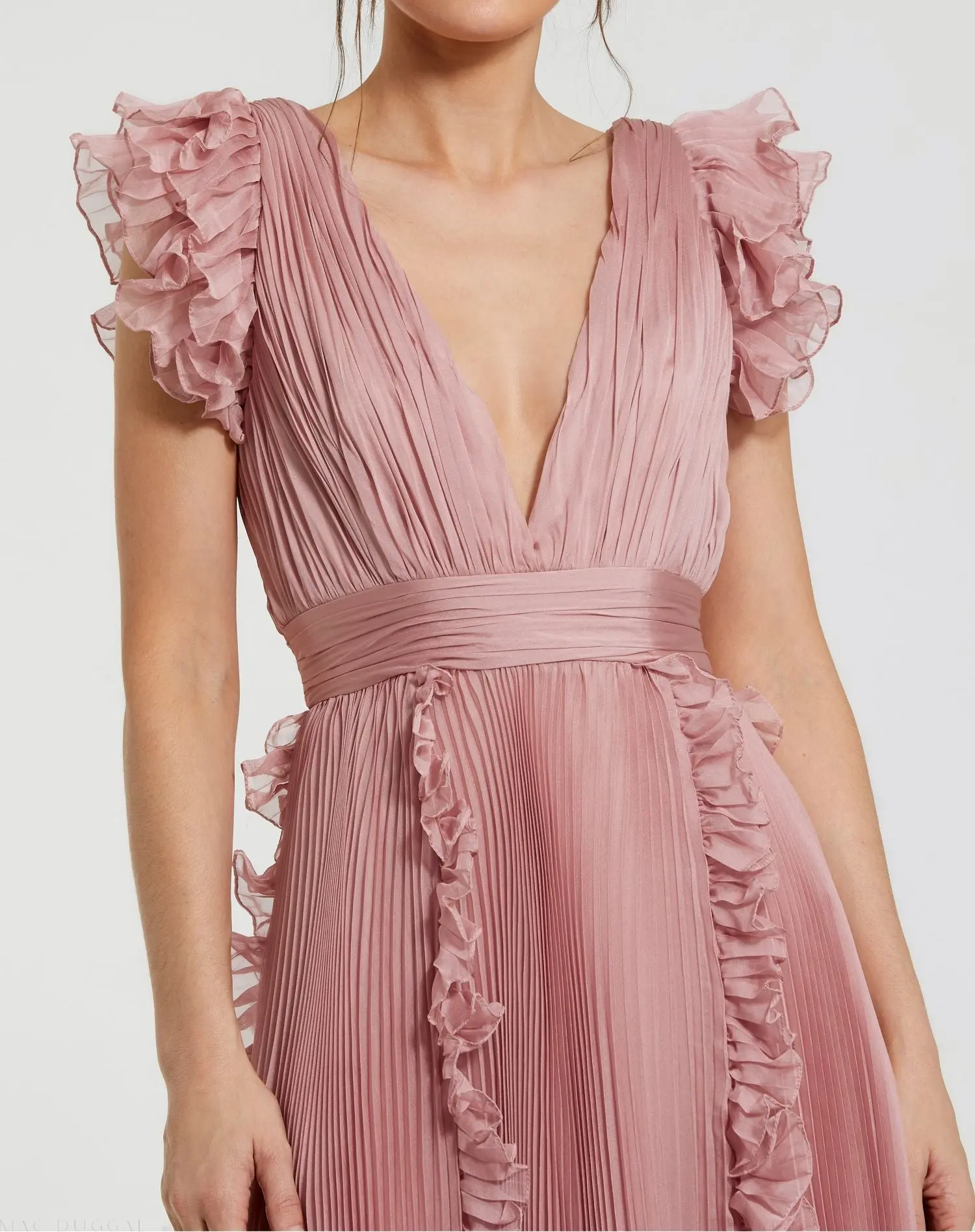 Pink Pleated Chiffon V Neck Ruffle Midi Dress - Image 2