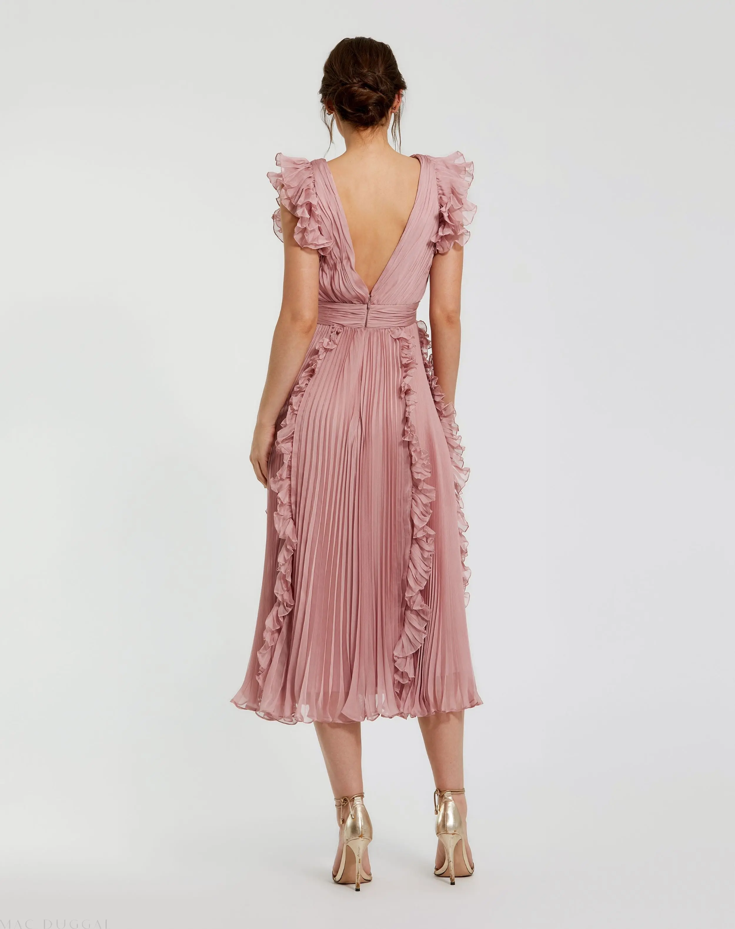 Pink Pleated Chiffon V Neck Ruffle Midi Dress - Image 3