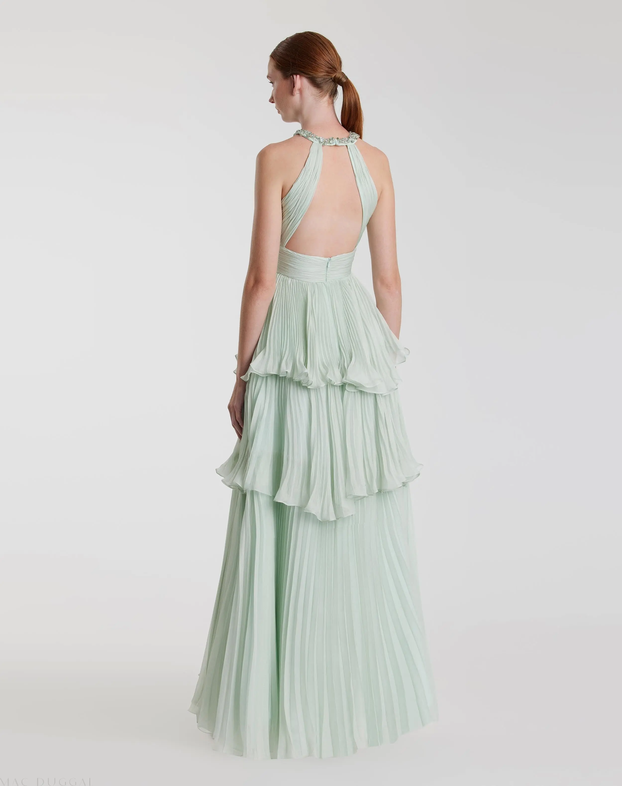 Green High Neck Chiffon Tiered Gown with Cut Out - Image 2