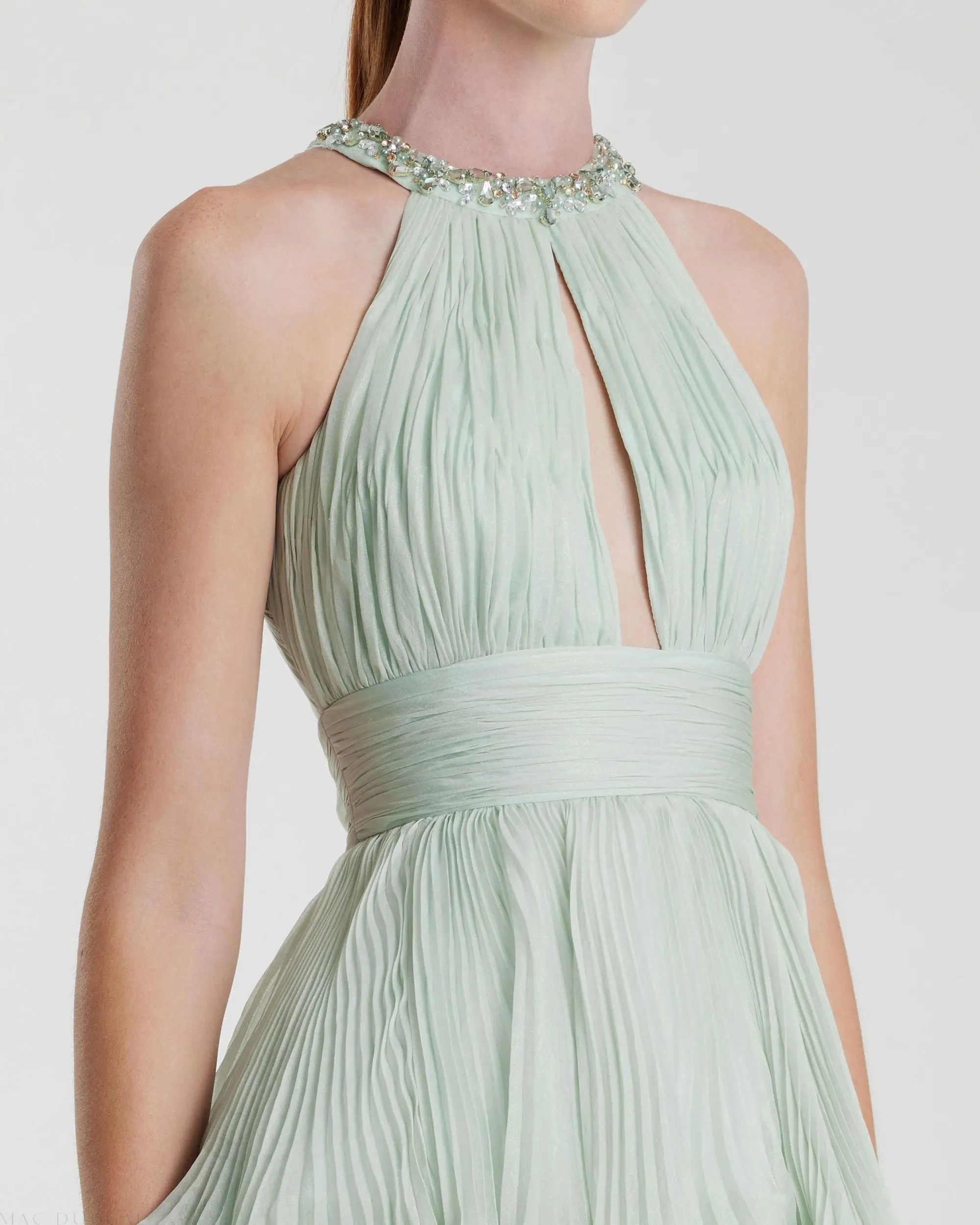 Green High Neck Chiffon Tiered Gown with Cut Out - Image 3