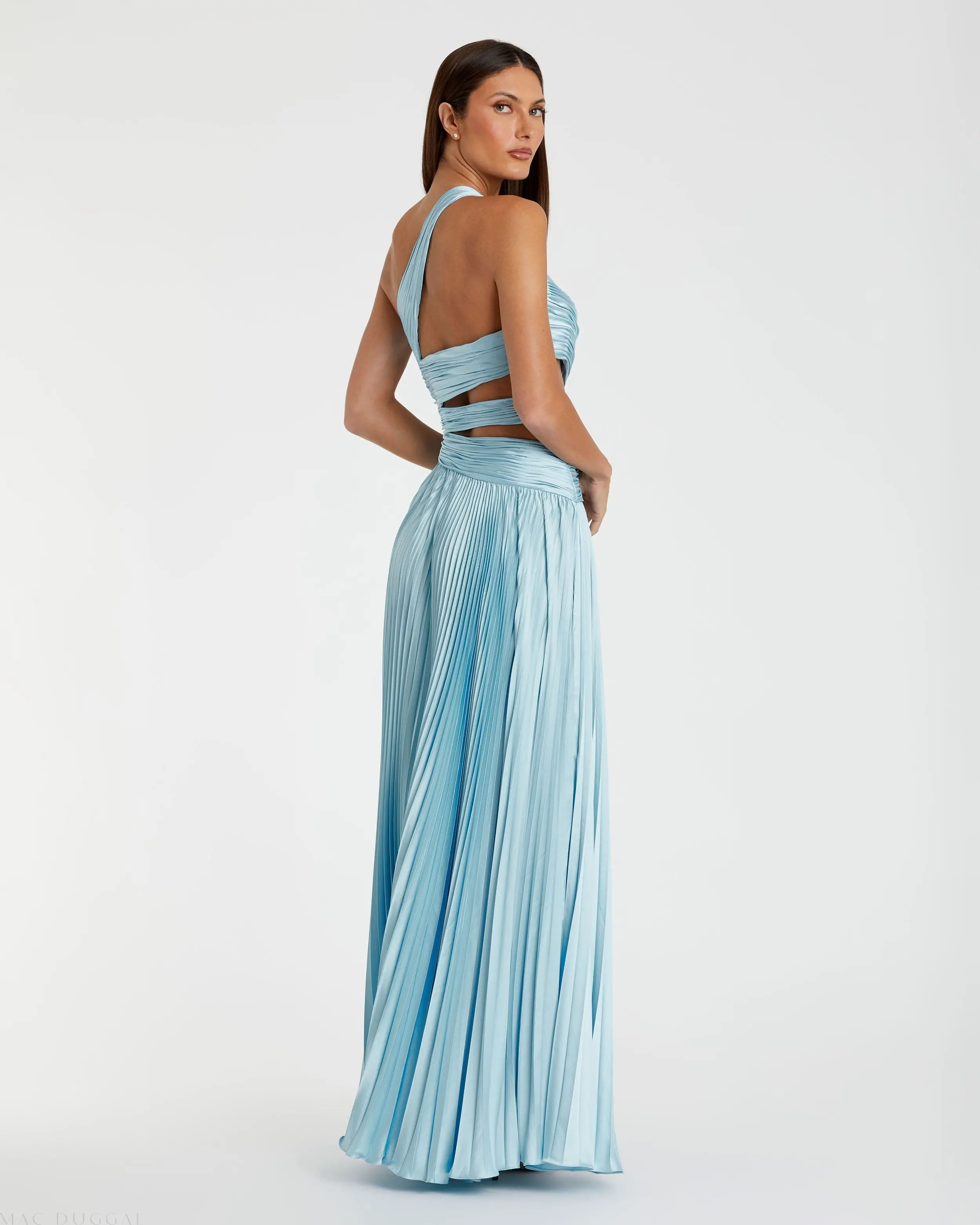 Blue One Shoulder Pleated Charmeuse Gown with Slit - Image 3