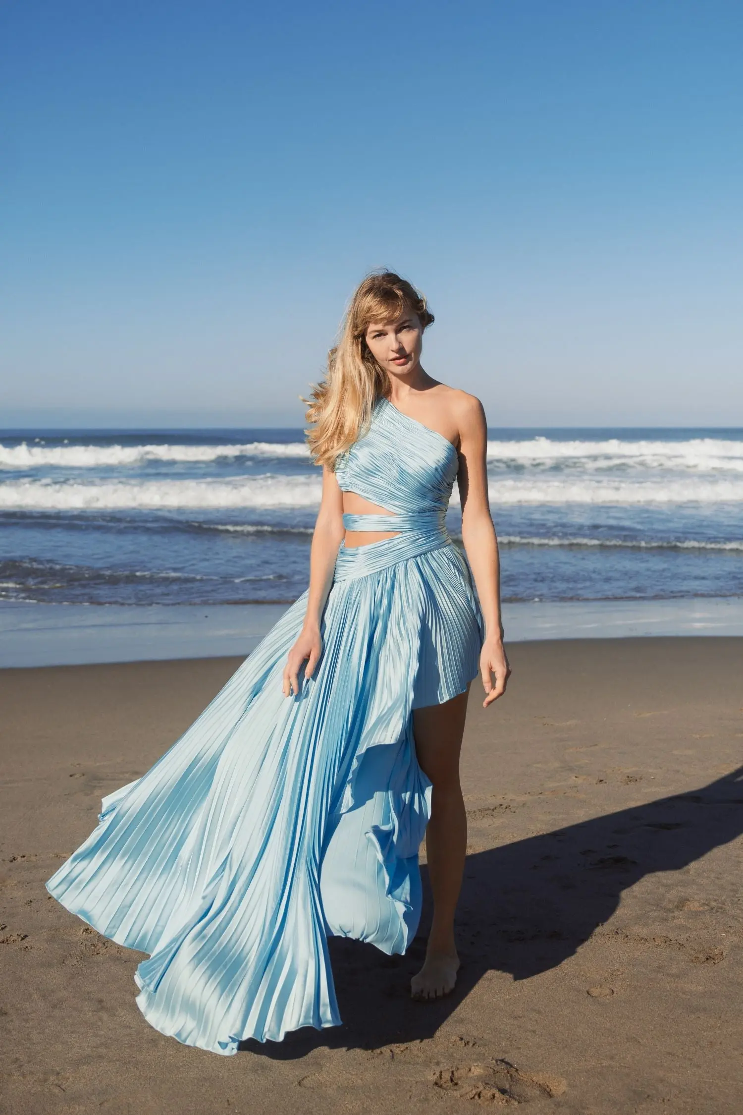 Blue One Shoulder Pleated Charmeuse Gown with Slit - Image 4