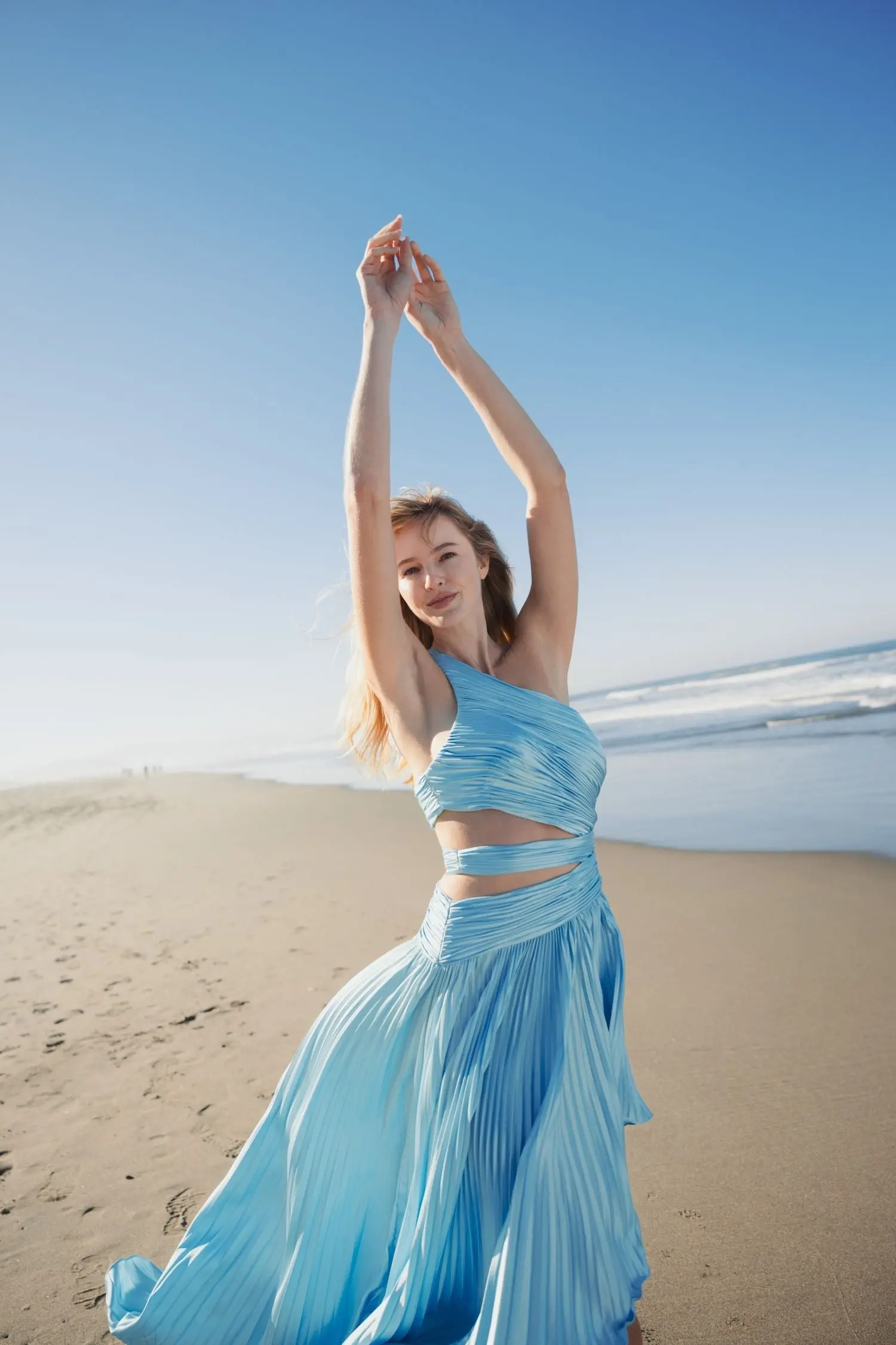 Blue One Shoulder Pleated Charmeuse Gown with Slit - Image 6