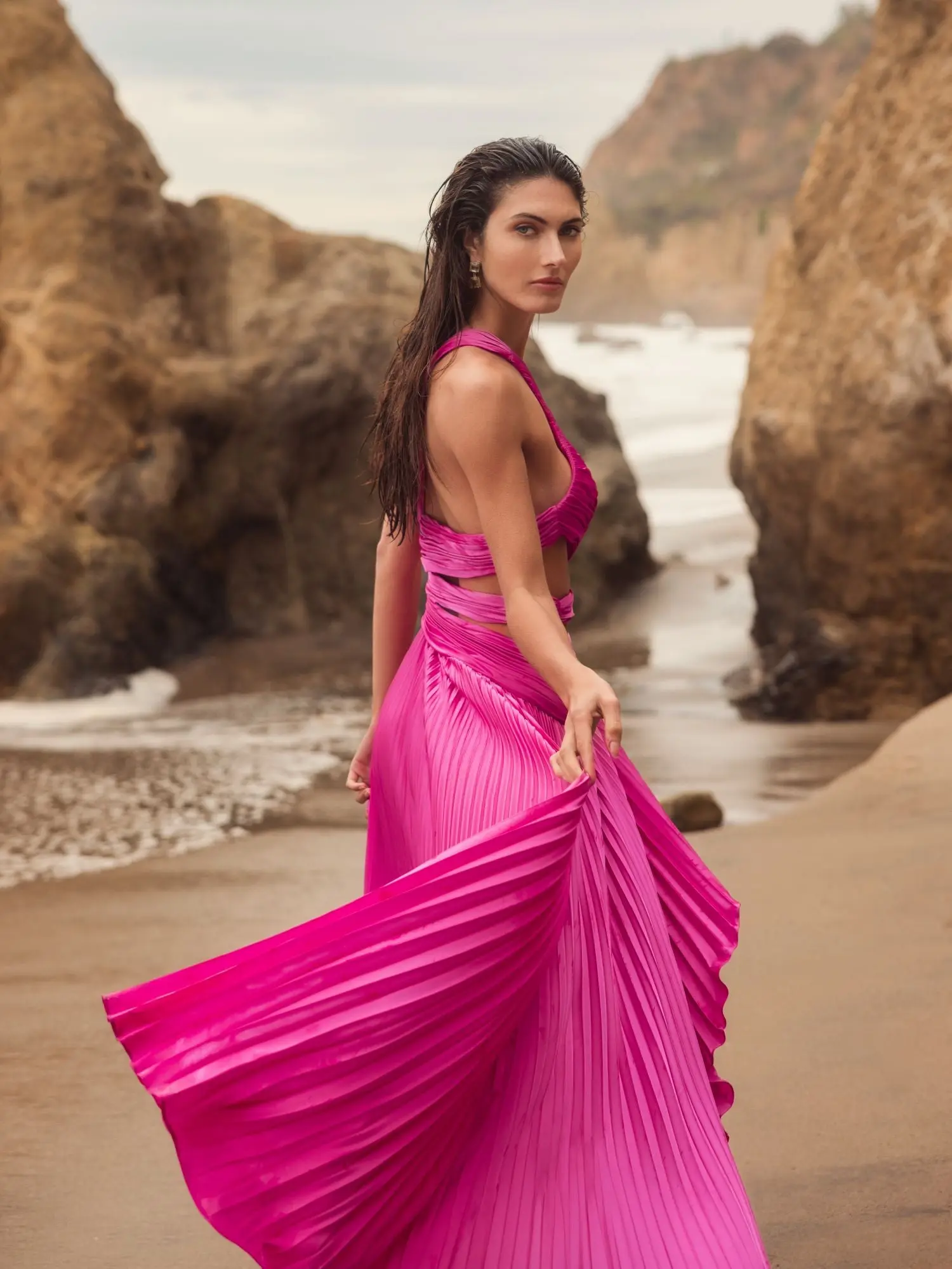 Purple One Shoulder Pleated Charmeuse Gown with Slit - Image 6