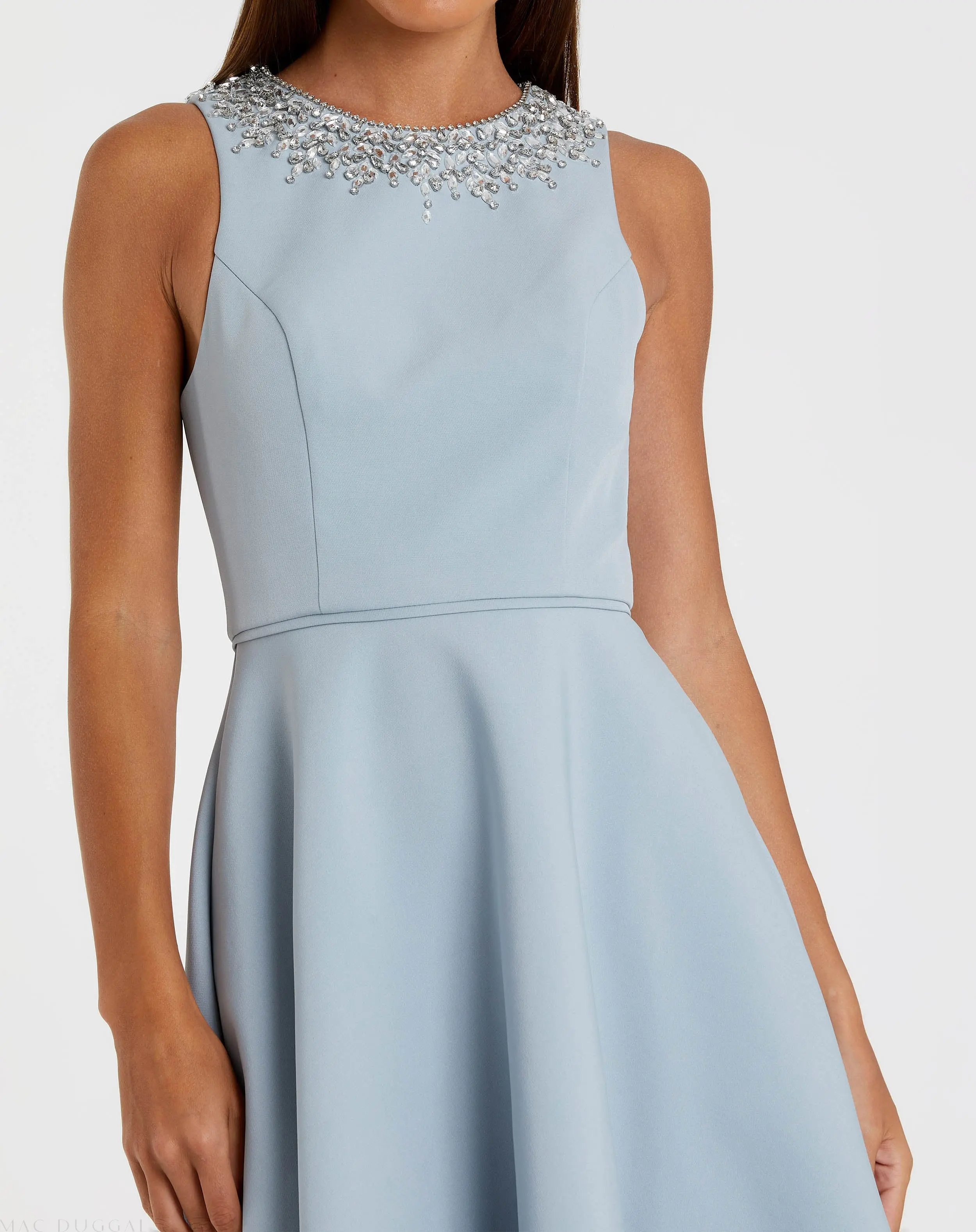 Blue Crepe Embellished Neck High Low Gown - Image 2