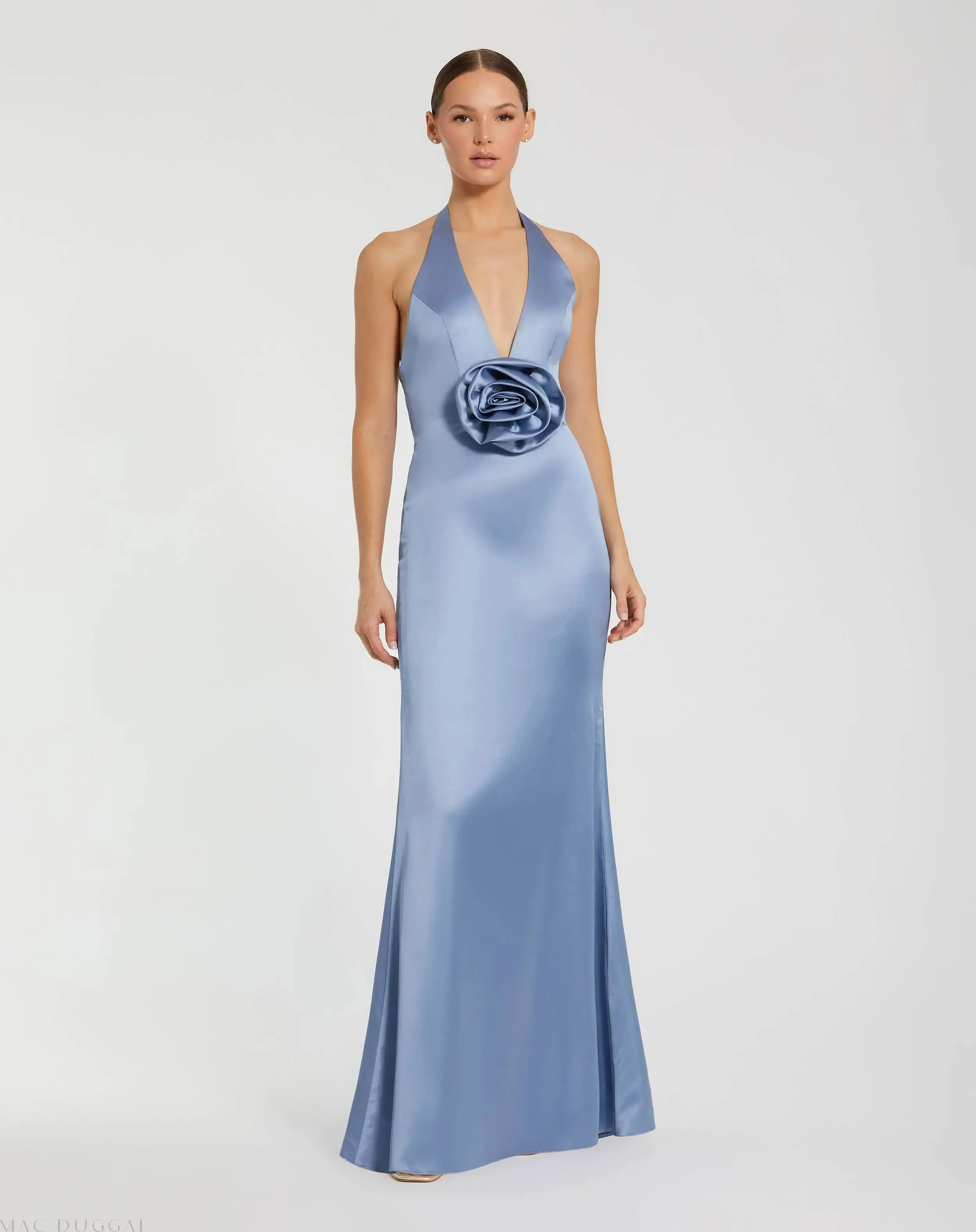 Blue Halter Neck Open Back Satin Gown With 3D Rosette