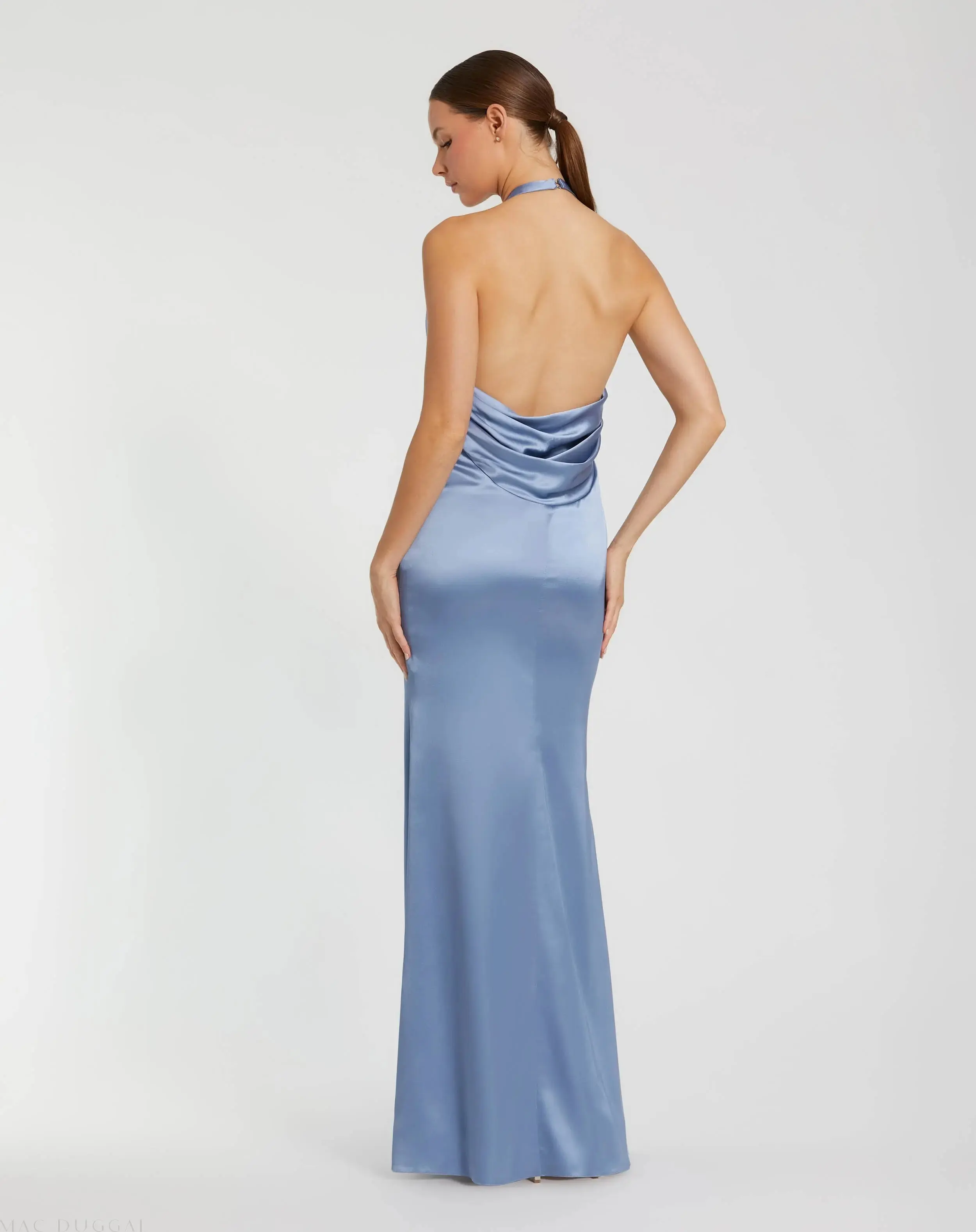 Blue Halter Neck Open Back Satin Gown With 3D Rosette - Image 4