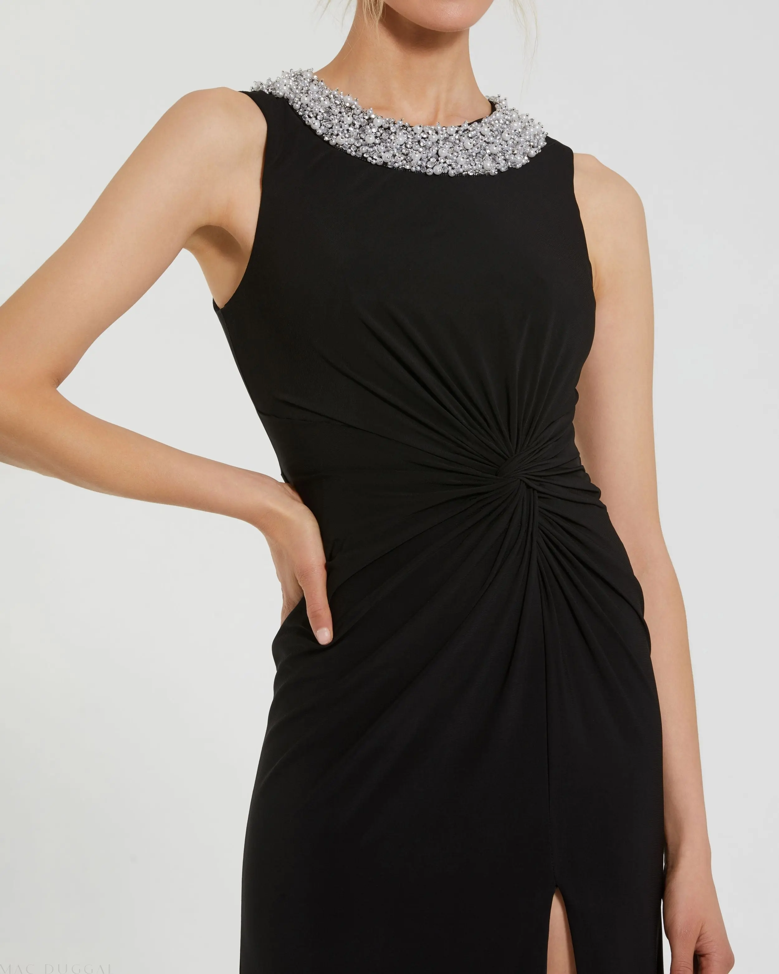 Black Jersey Sleeveless Beaded Neck Gown With Twist - Image 2
