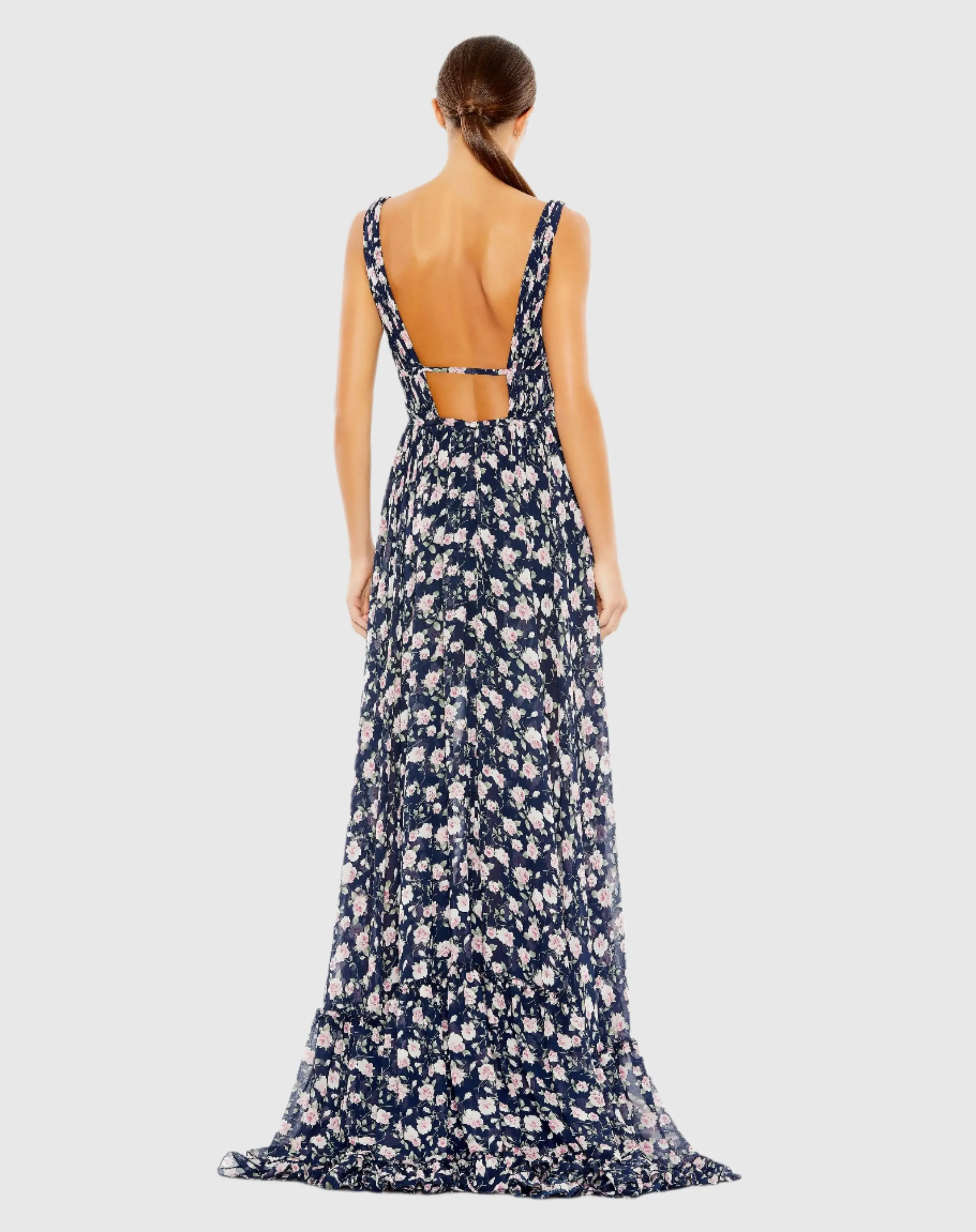 Navy Multicolor Floral Print Sleeveless Ruffled High-Low Gown - Image 3