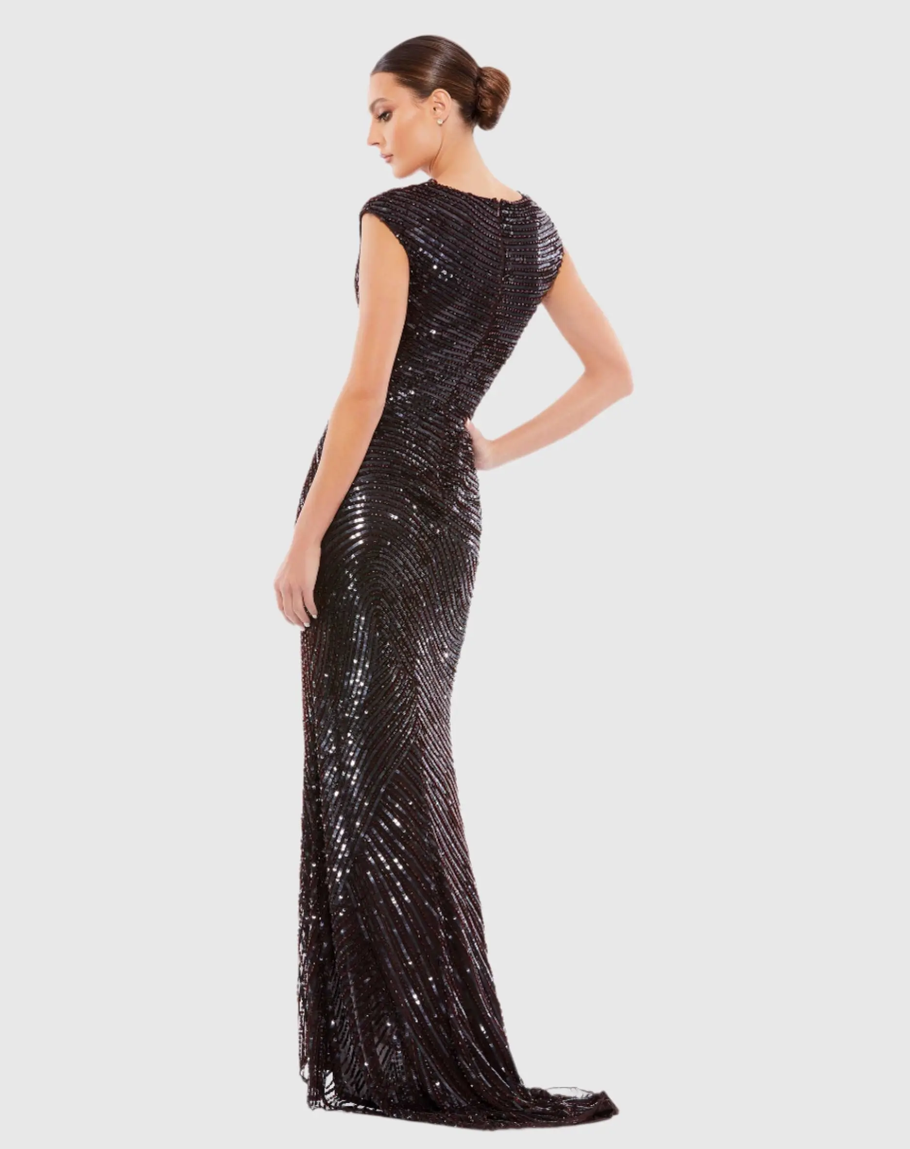 Brown and Black Embellished Cap Sleeve Evening Gown - Image 3