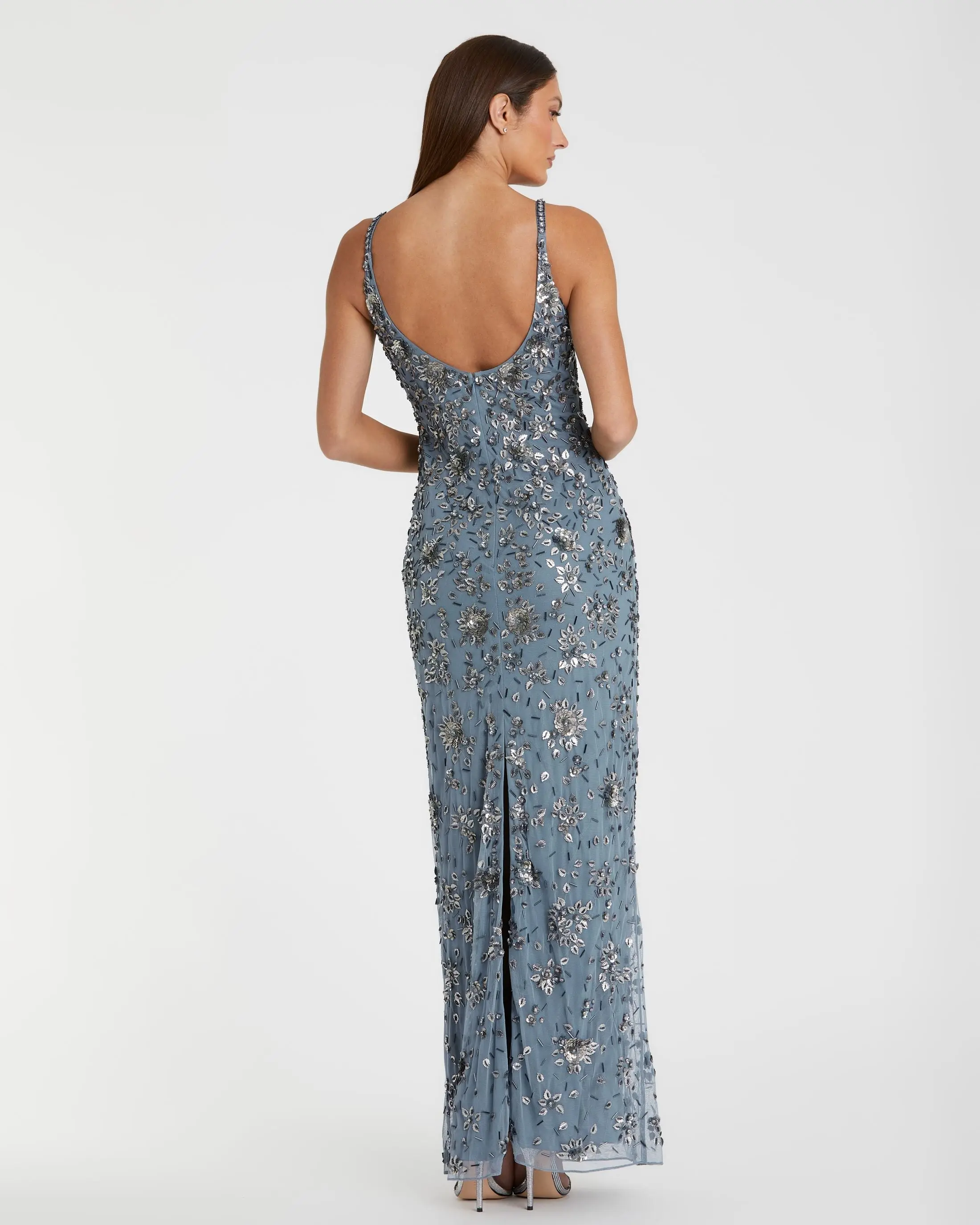 Blue Floral Embellished Scoop Neck Evening Gown - Image 3