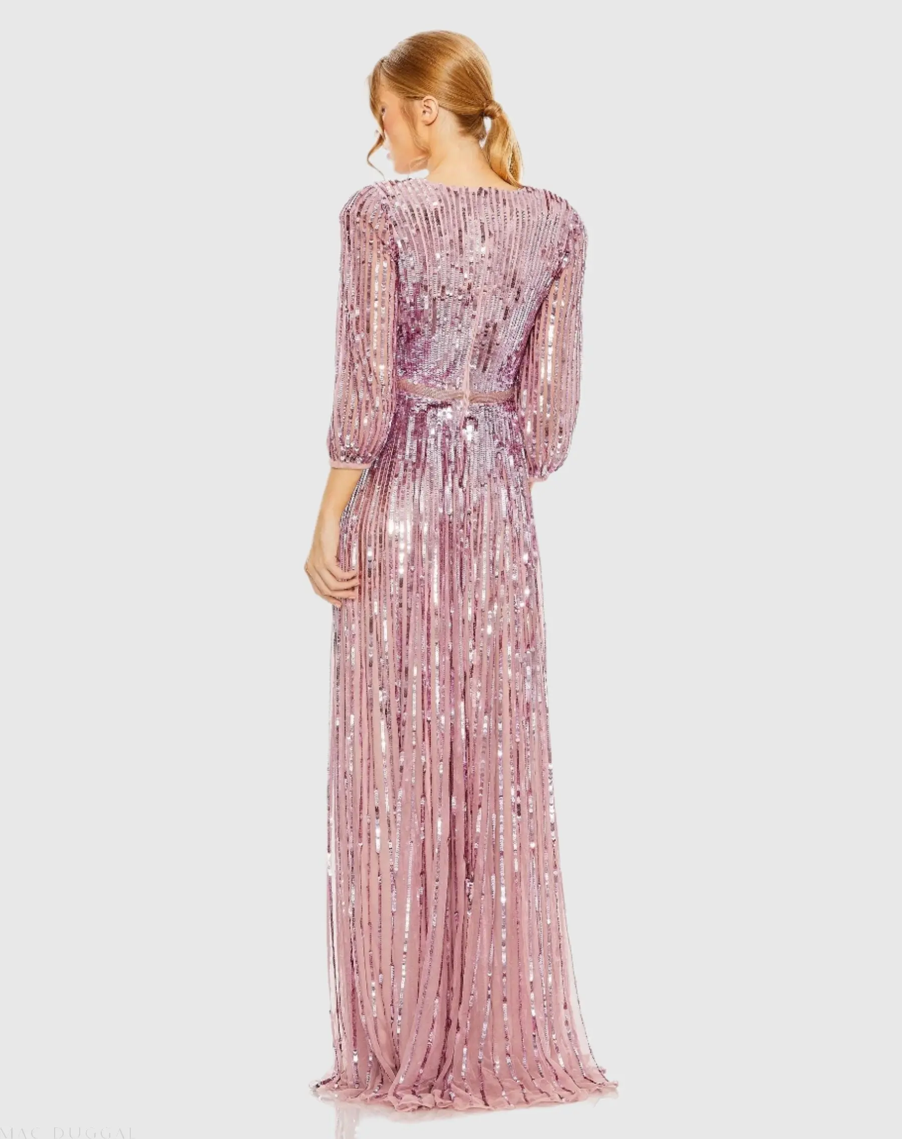 Purple Sequined Wrap Over 3/4 Sleeve Gown - Image 3