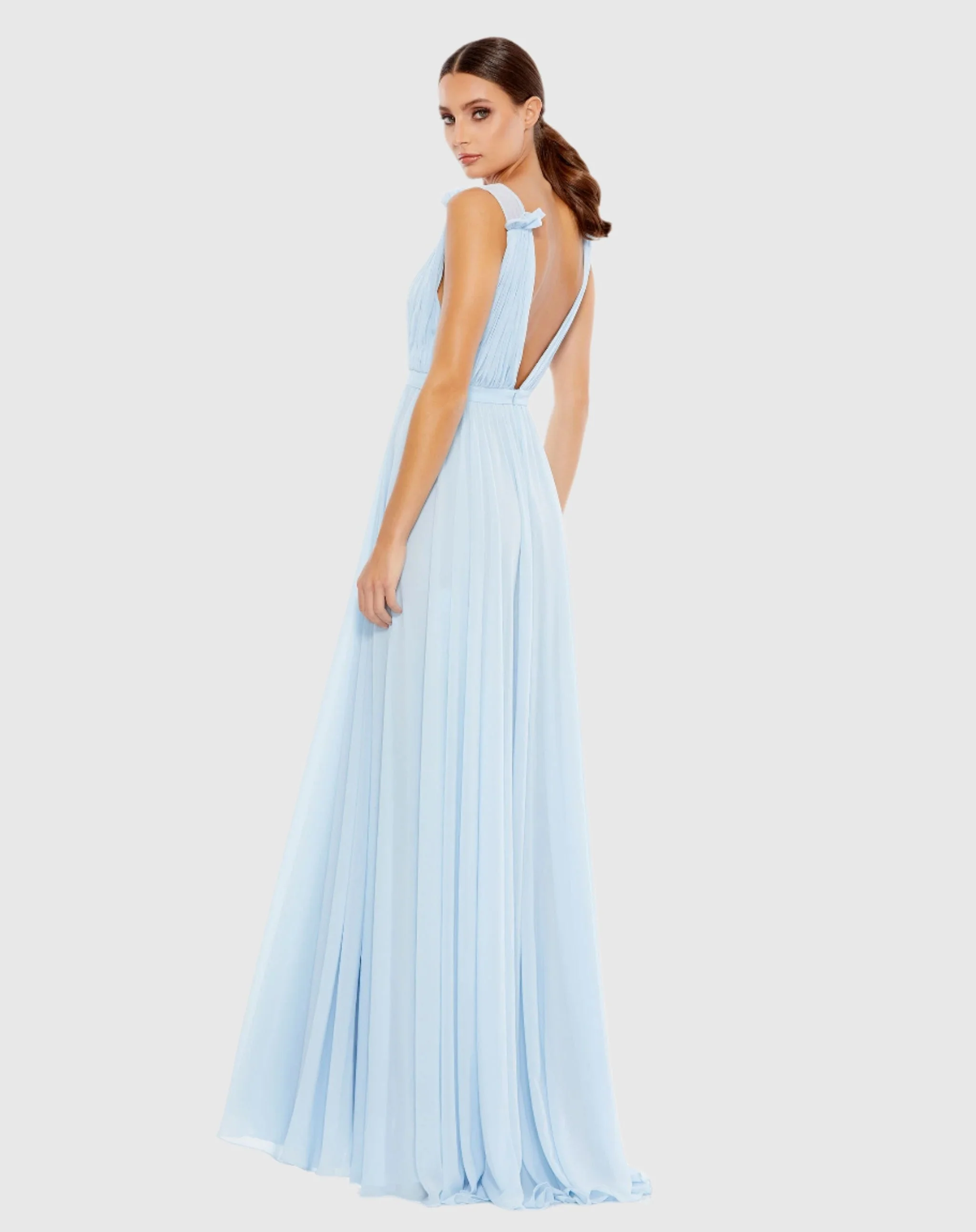 Blue Sleeveless Pleated Chiffon V-Neck Gown - Image 3