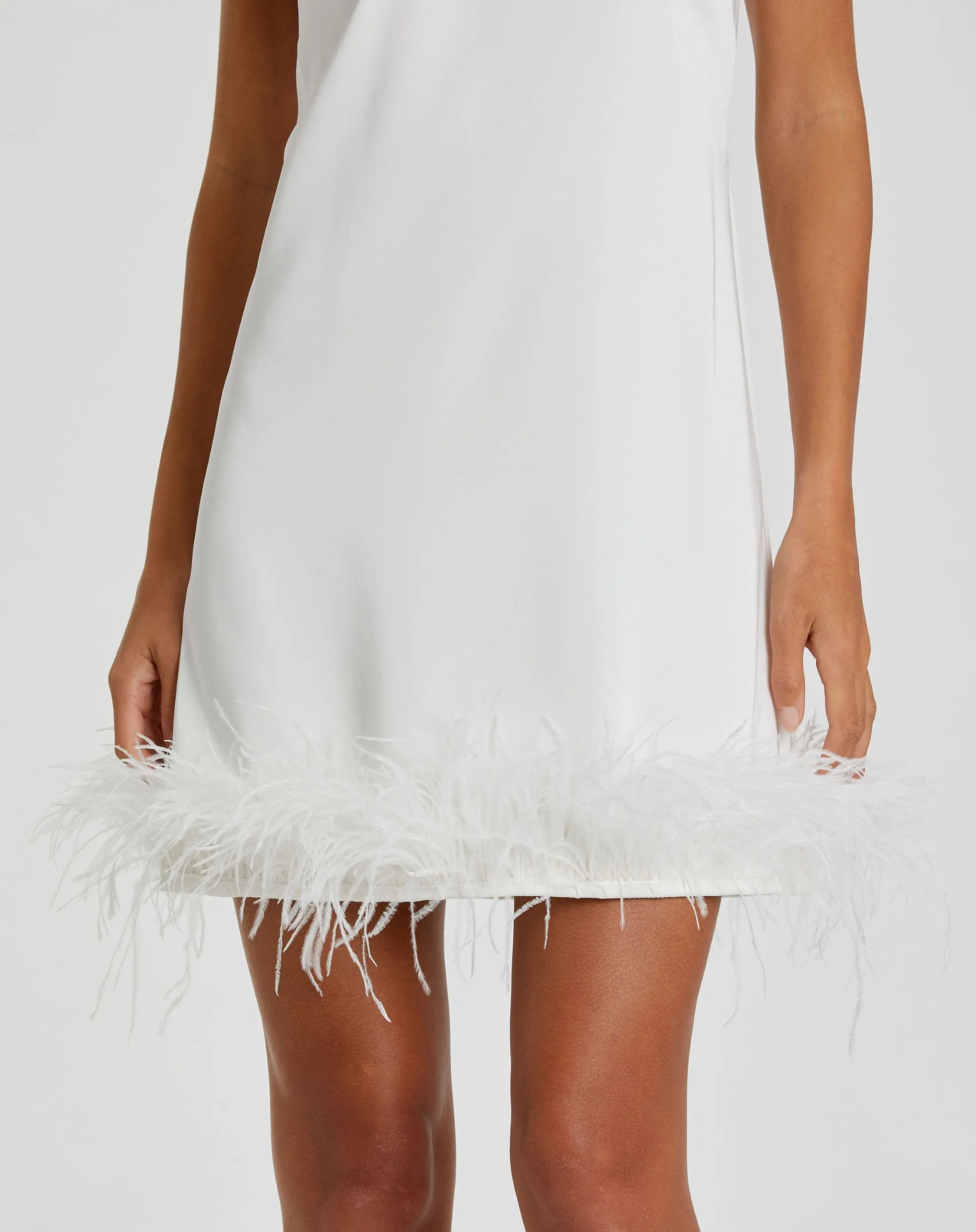 White Feathered Hem High Neck Sleeveless Trapeze Dress - Image 2